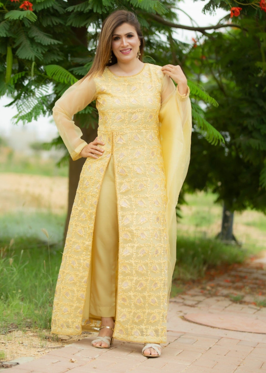 Hayati Collections Organza Suit – Embroidered | Golden Yellow Women 3pcs