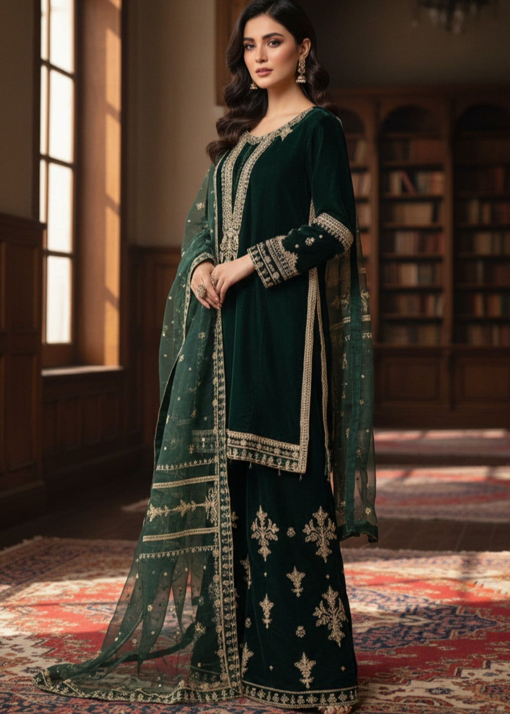 Pehnawa By Bin Akram’s Dark Green Regalia | Velvet Women 3pcs