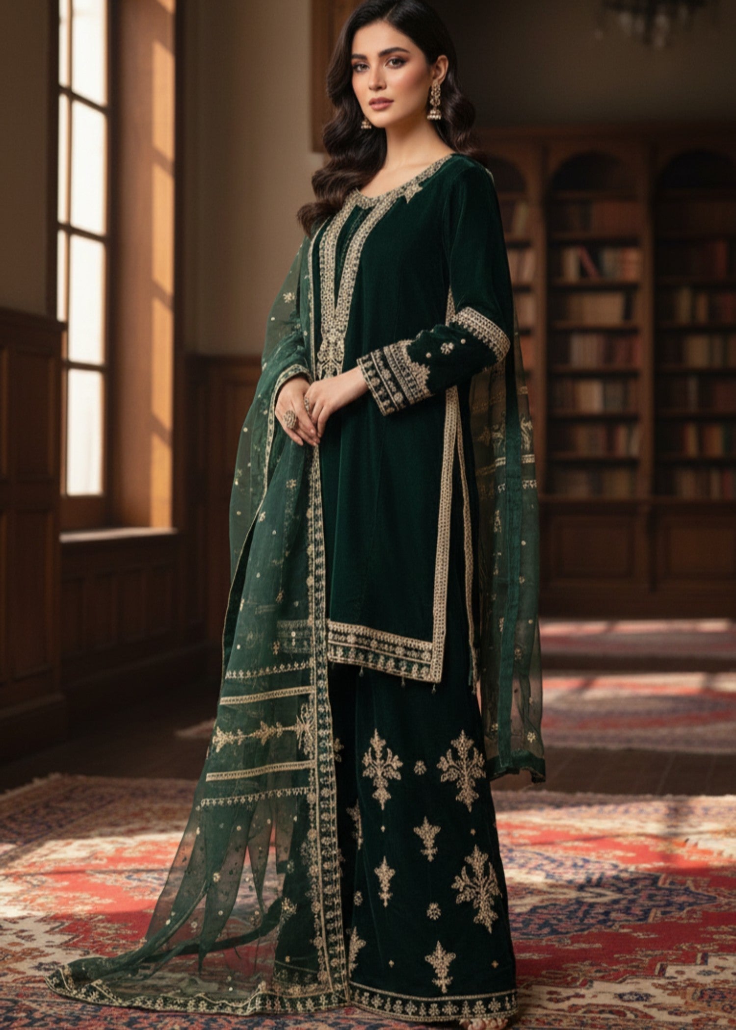 Pehnawa By Bin Akram’s Dark Green Regalia | Velvet Women 3pcs