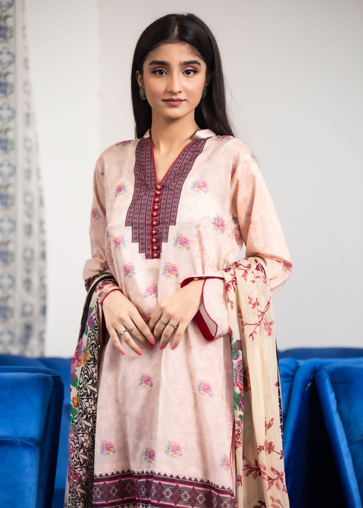 Hayati Collections Lawn | with Chiffon Dupatta | Peach Women 3pcs