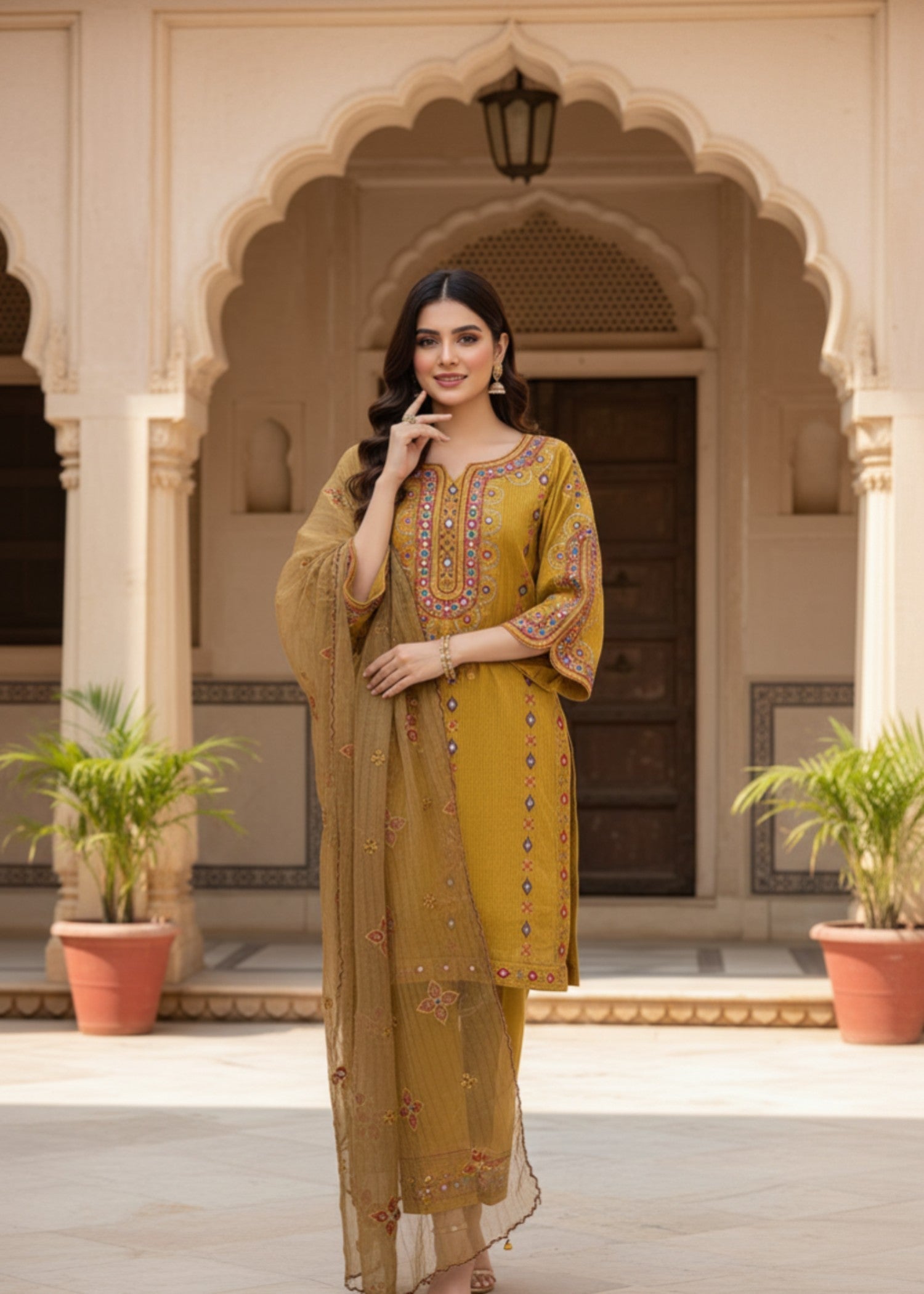 MMG Garments ZARNOOR| EMBROIDERED ORGANZA NET KURTA SET GOLDEN ORANGE MMG 1035 Women 3pcs