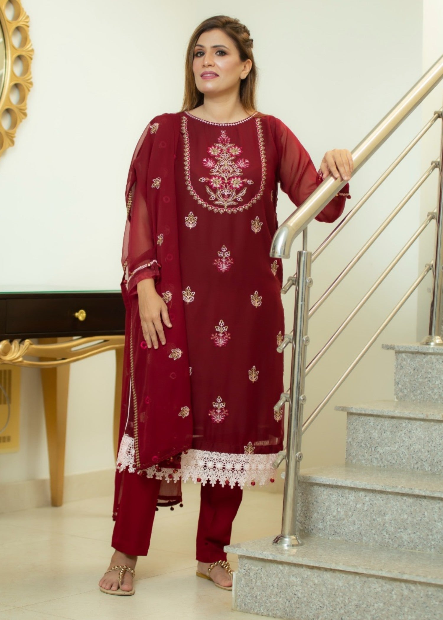 Hayati Collections Chiffon | Embroidered Suit with Dupatta | Maroon Women 3pcs