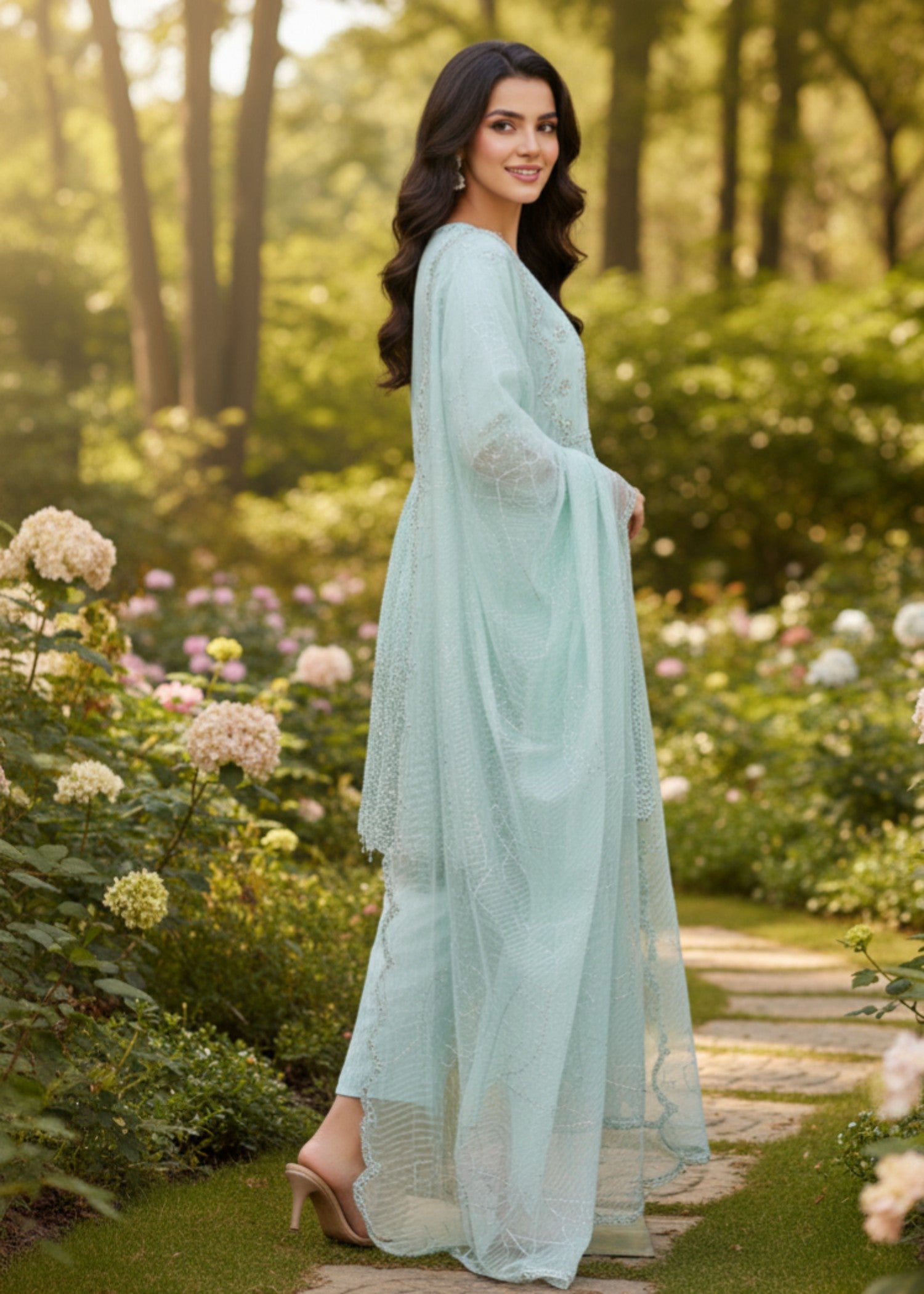 MMG Garments ZARIYA|KHADDI NET EMBROIDERED FROCK POWDER BLUE MMG 1076 Women 3pcs