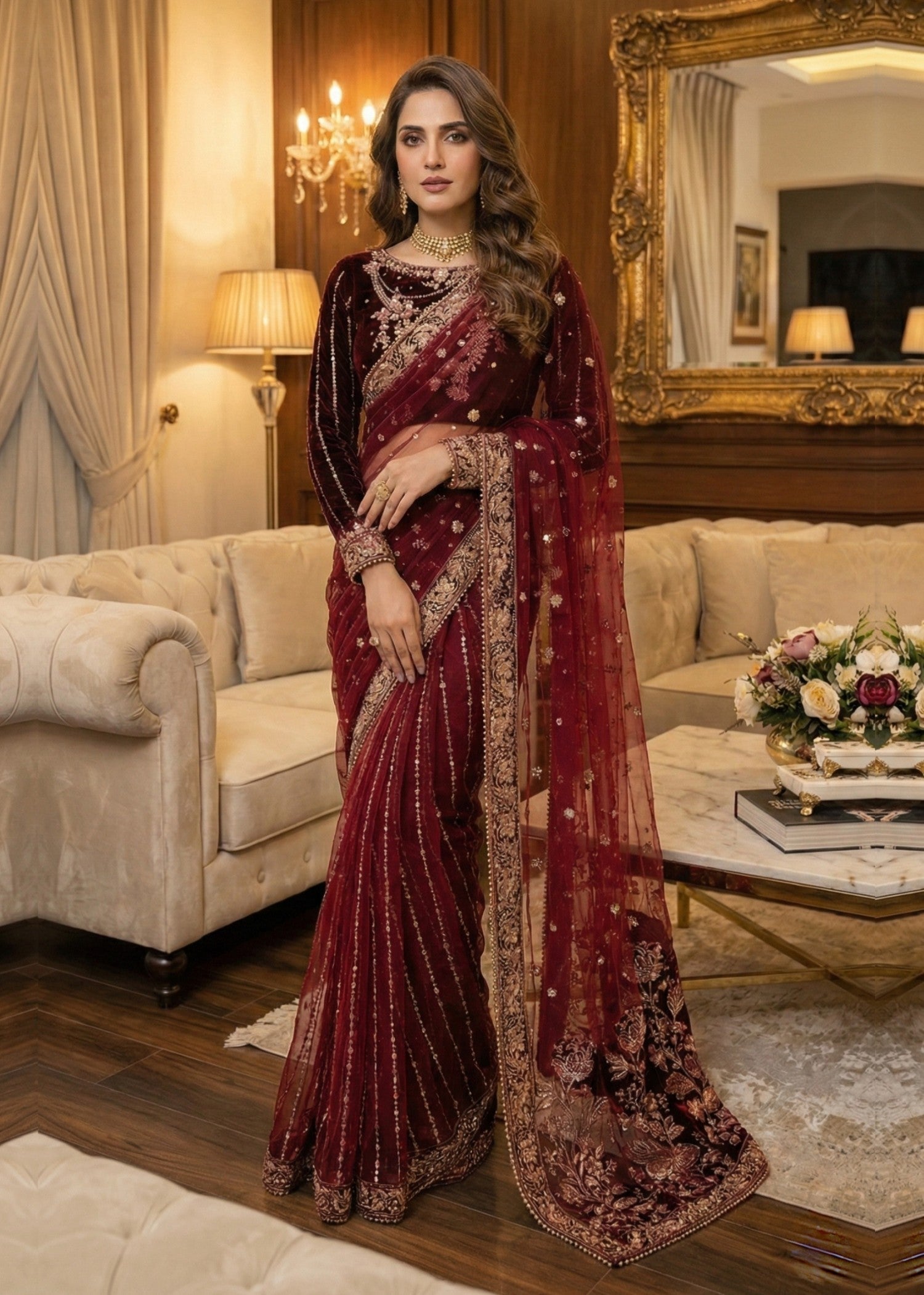 Diara Couture VELVET SAREE V 03 PLUM Women 2pcs