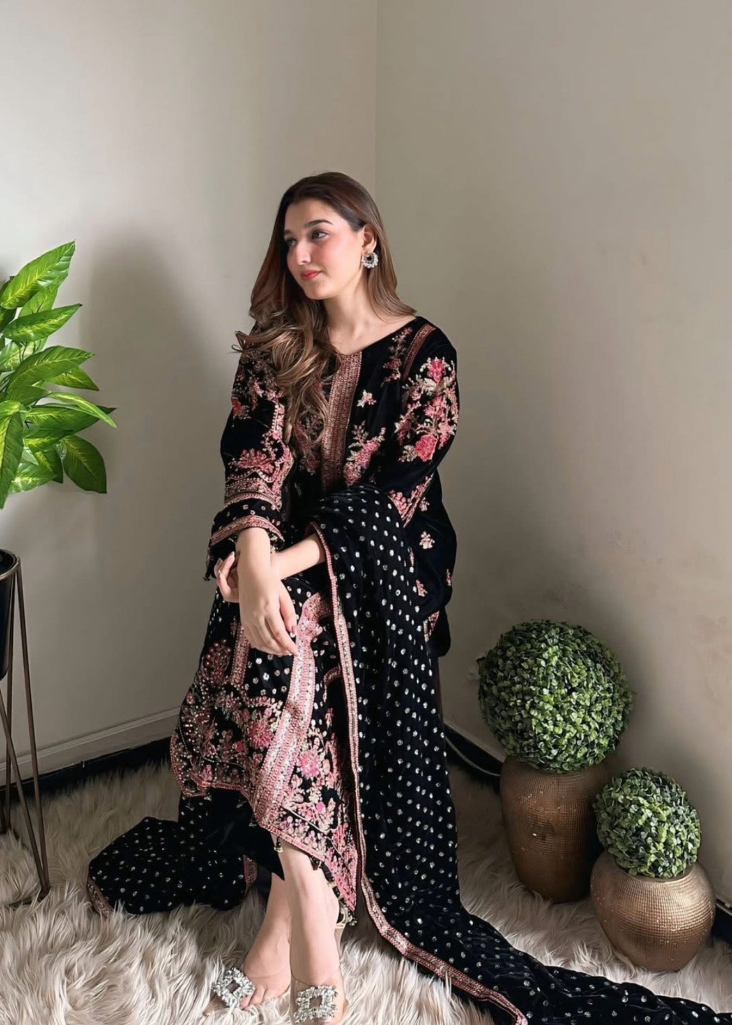 Suits By Sadia Velvet pink black Women 3pcs