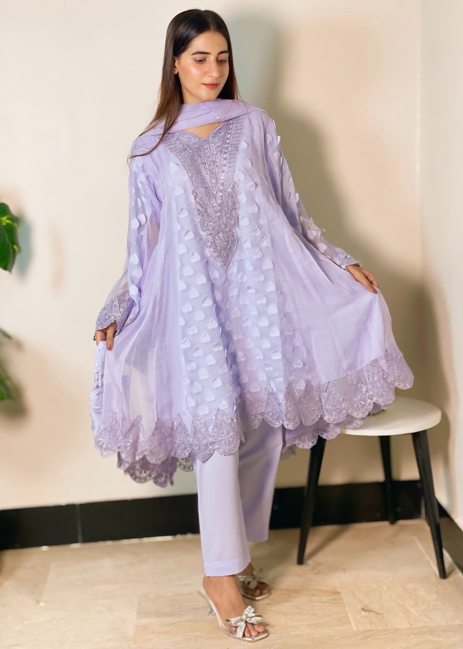 MMG Garments NILOOFAR| CHIFFON EMBROIDERED DIL FROCK WITH HANDPOUCH MMG 816 Women 3pcs