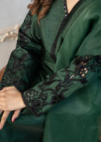 Naaz Couture Bottle Green Embroidered Raw Silk Suit Women 3pcs