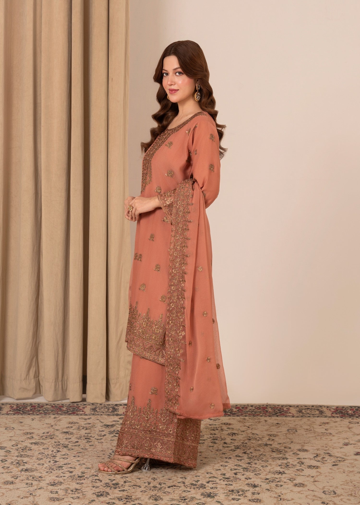 Four Season Boutique YUMNA PLAZZO PEACH PINK Women 3pcs