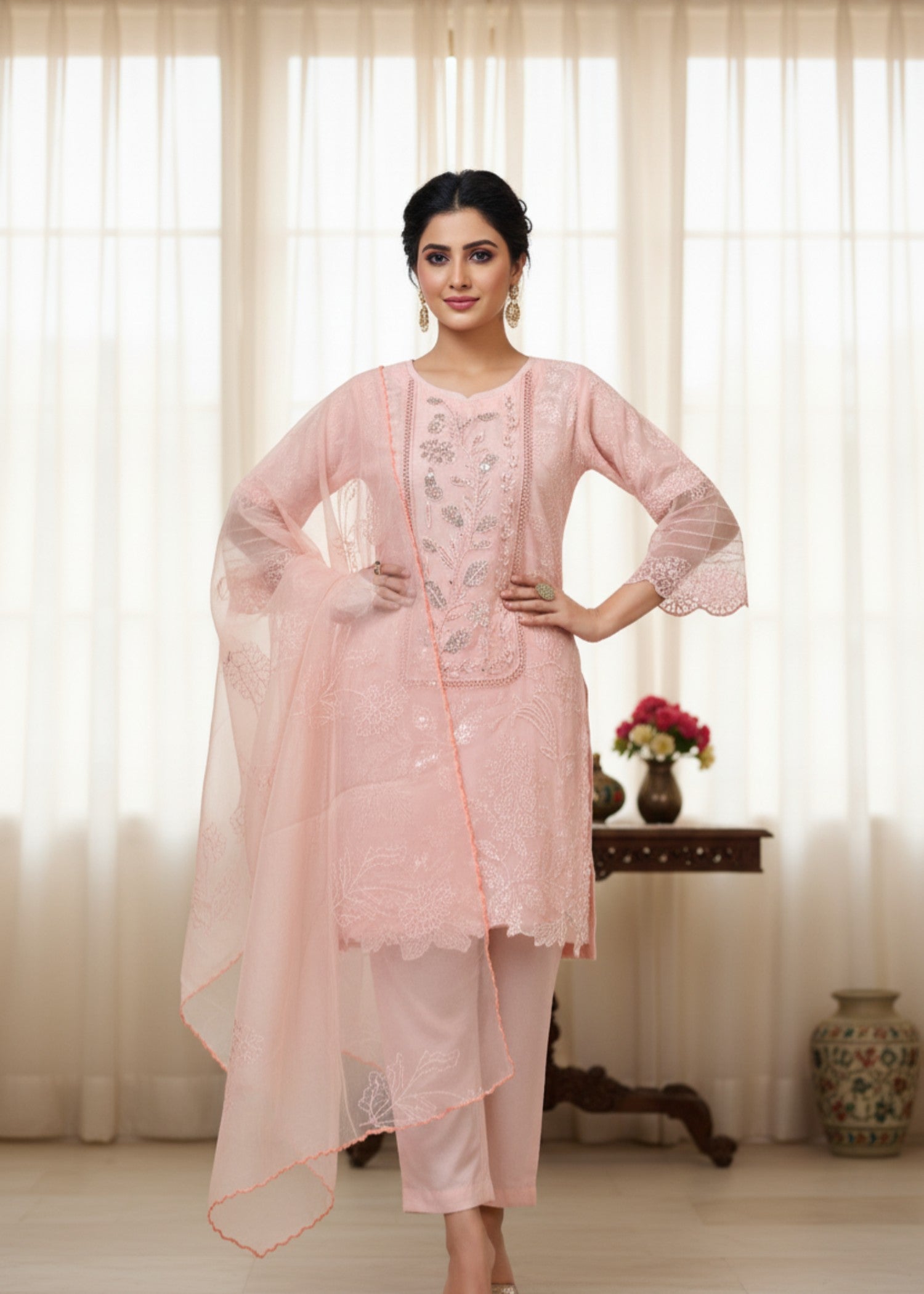 MMG Garments AFSHEEN CUTWORK HANDCRAFTED EMBROIDERED KURTA SET PEACH PINK MMG 1082 Women 3pcs