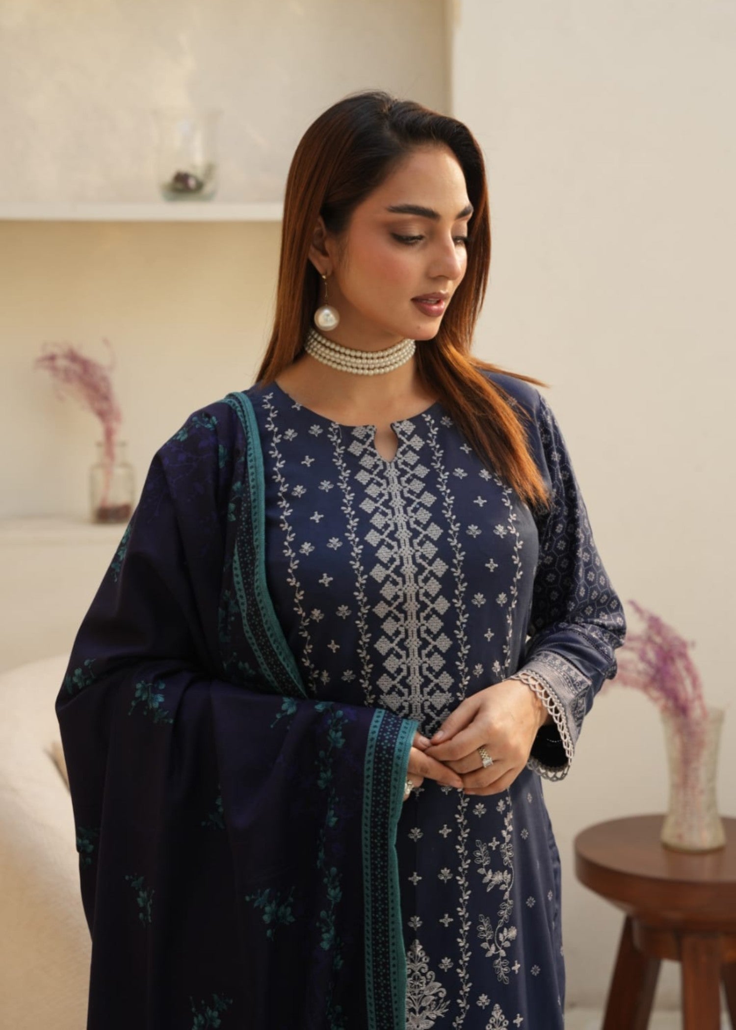 Designer Rack Digital print embraided Dhanak blue Women 3pcs