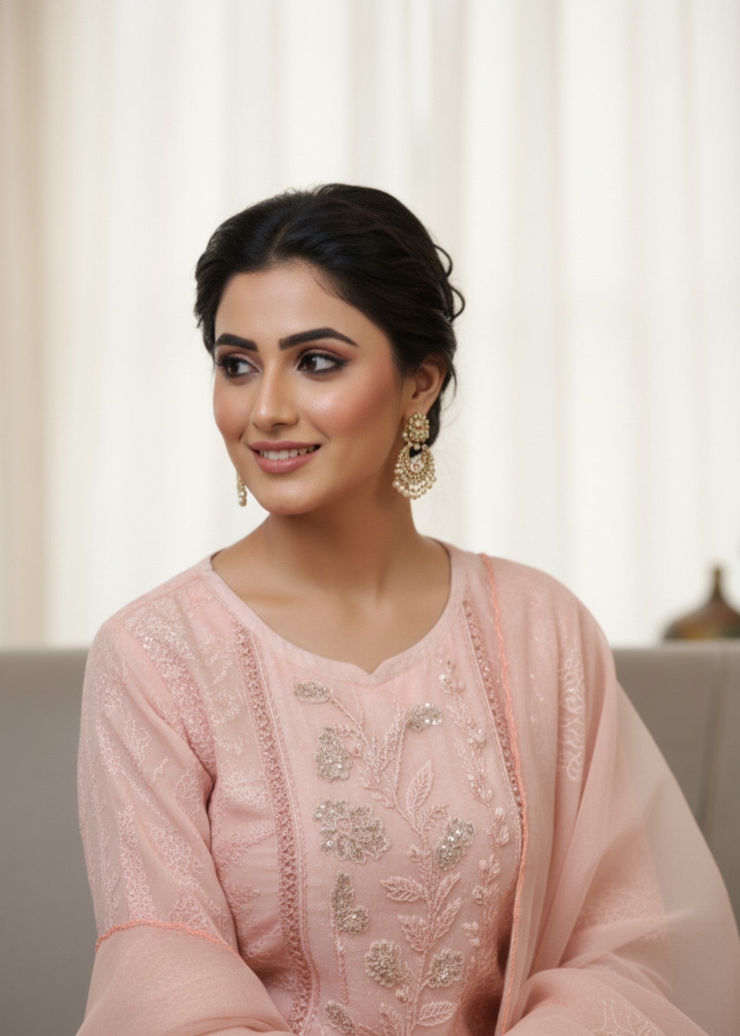 MMG Garments AFSHEEN CUTWORK HANDCRAFTED EMBROIDERED KURTA SET PEACH PINK MMG 1082 Women 3pcs