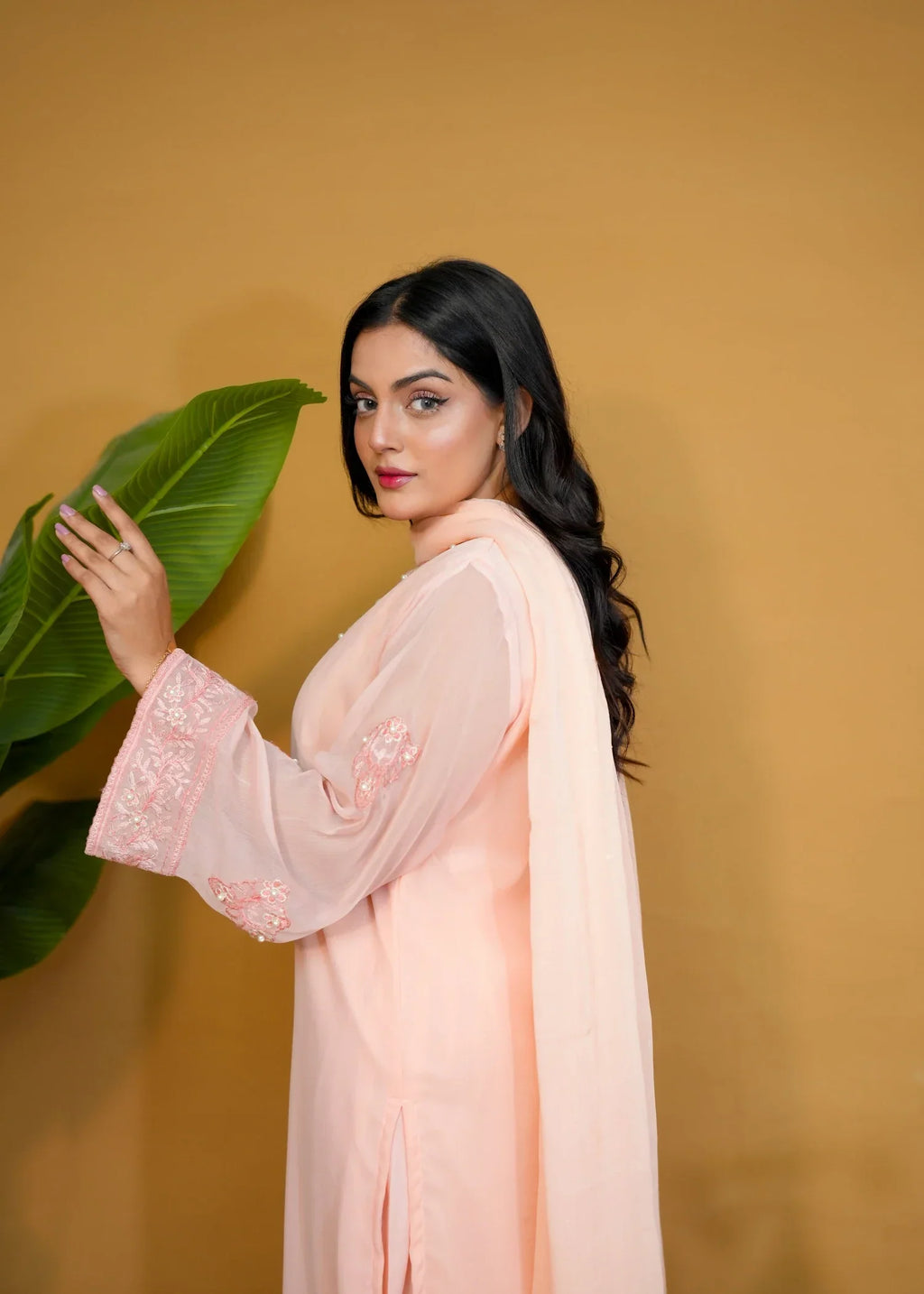 Pretbee Peach Embroidered chiffon Women 3pcs