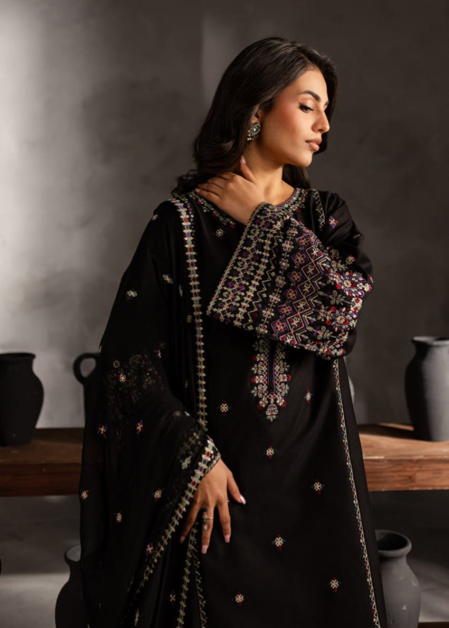 Shehroz Fashion Black Orchid lawn embroidery suit Women 3pcs