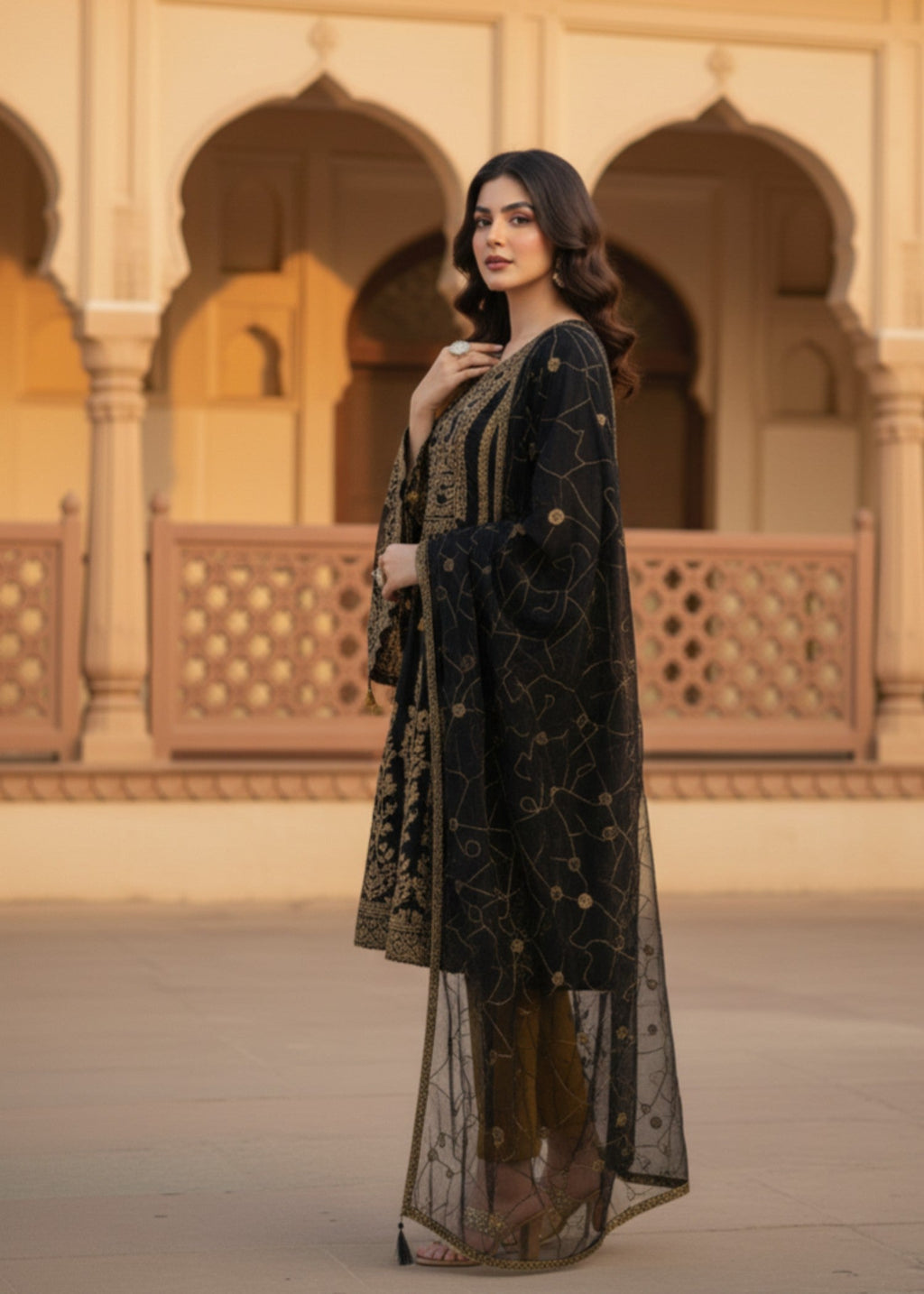 MMG Garments SUMBUL| ORGANZA NET EMBROIDERED FROCK BLACK MMG 876 Women 3pcs