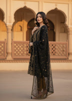 MMG Garments SUMBUL| ORGANZA NET EMBROIDERED FROCK BLACK MMG 876 Women 3pcs