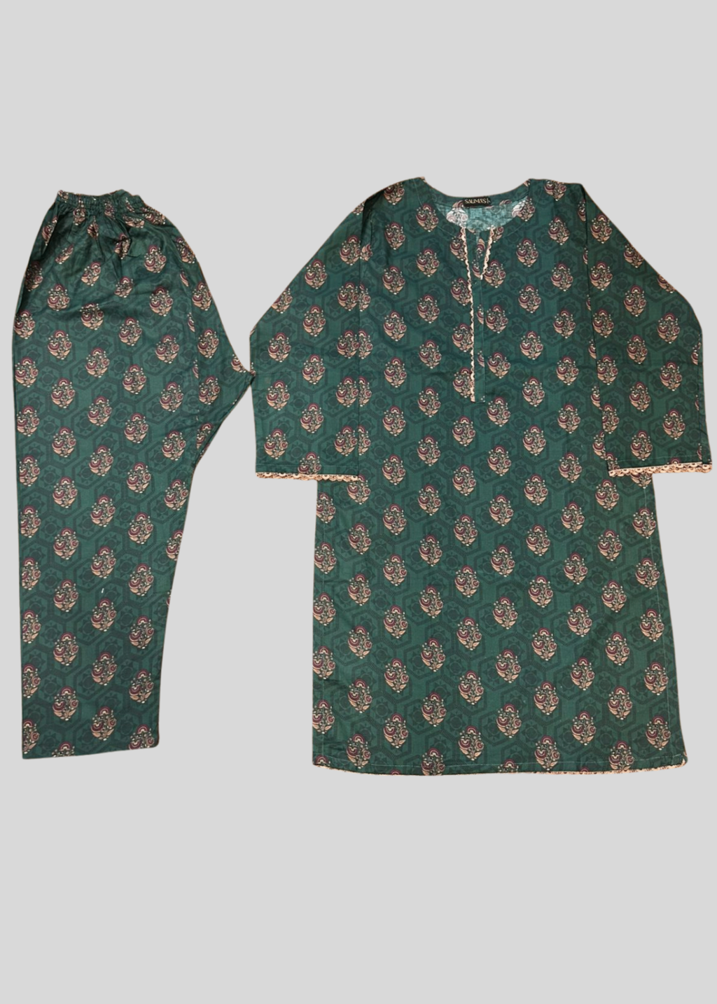 Salimas Stitched Lawn Suit – Dark Green with Ethnic Motifs Women 2pcs