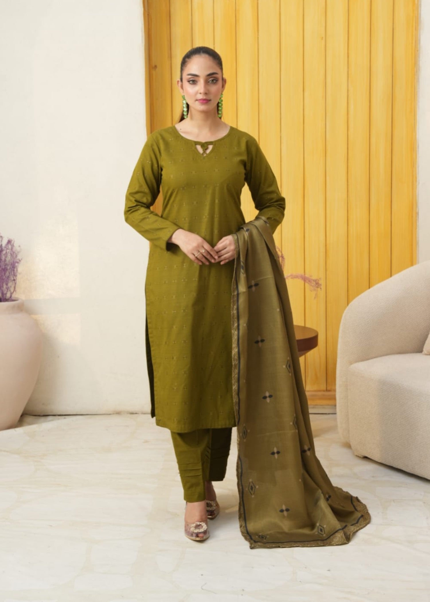 Designer Rack khadar jaccard olive green Women 3pcs
