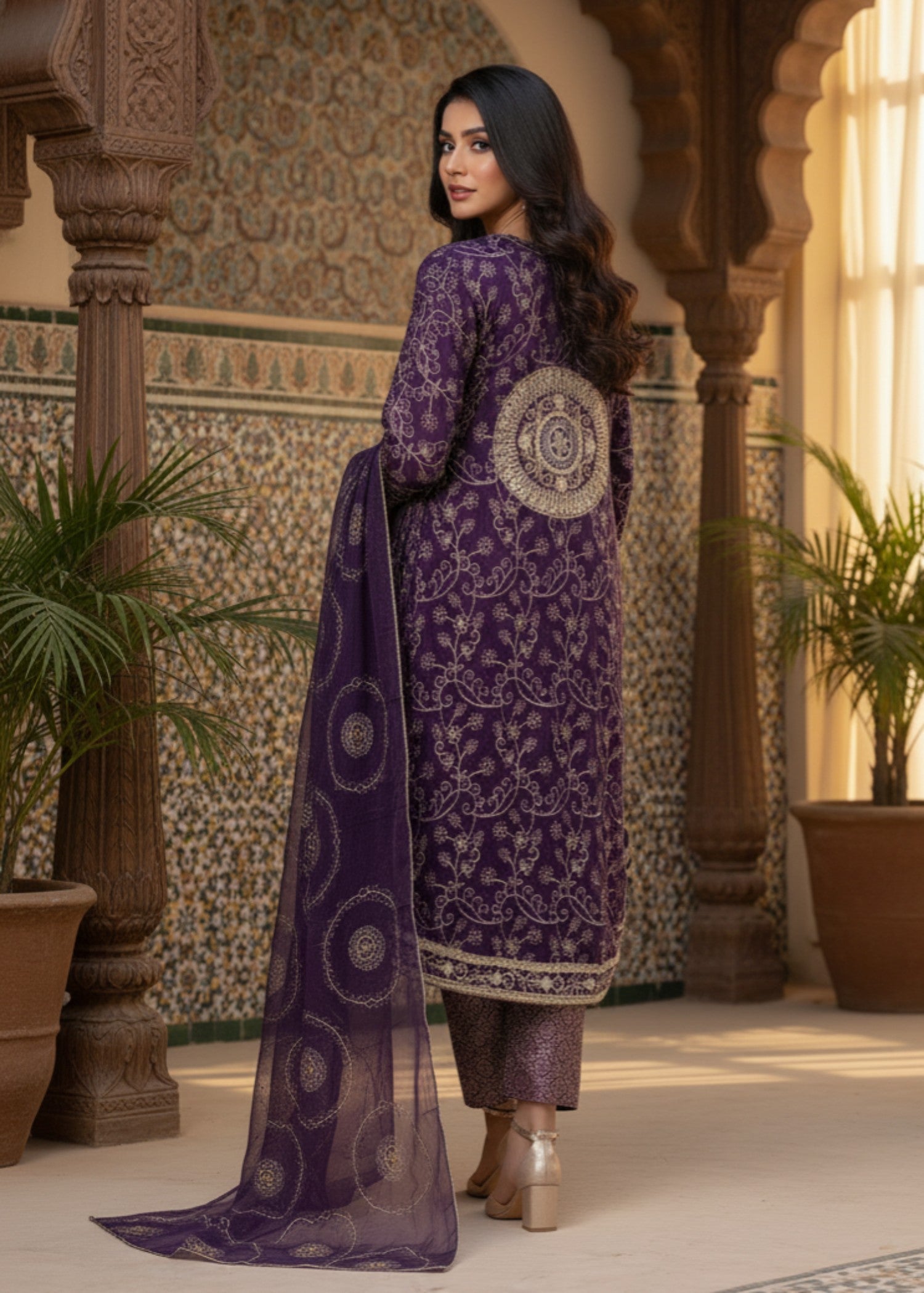 MMG Garments NOOR E CHASHAM| CHIFFON EMBROIDERED BACKTAIL FROCK PURPLE MMG 825 Women 3pcs