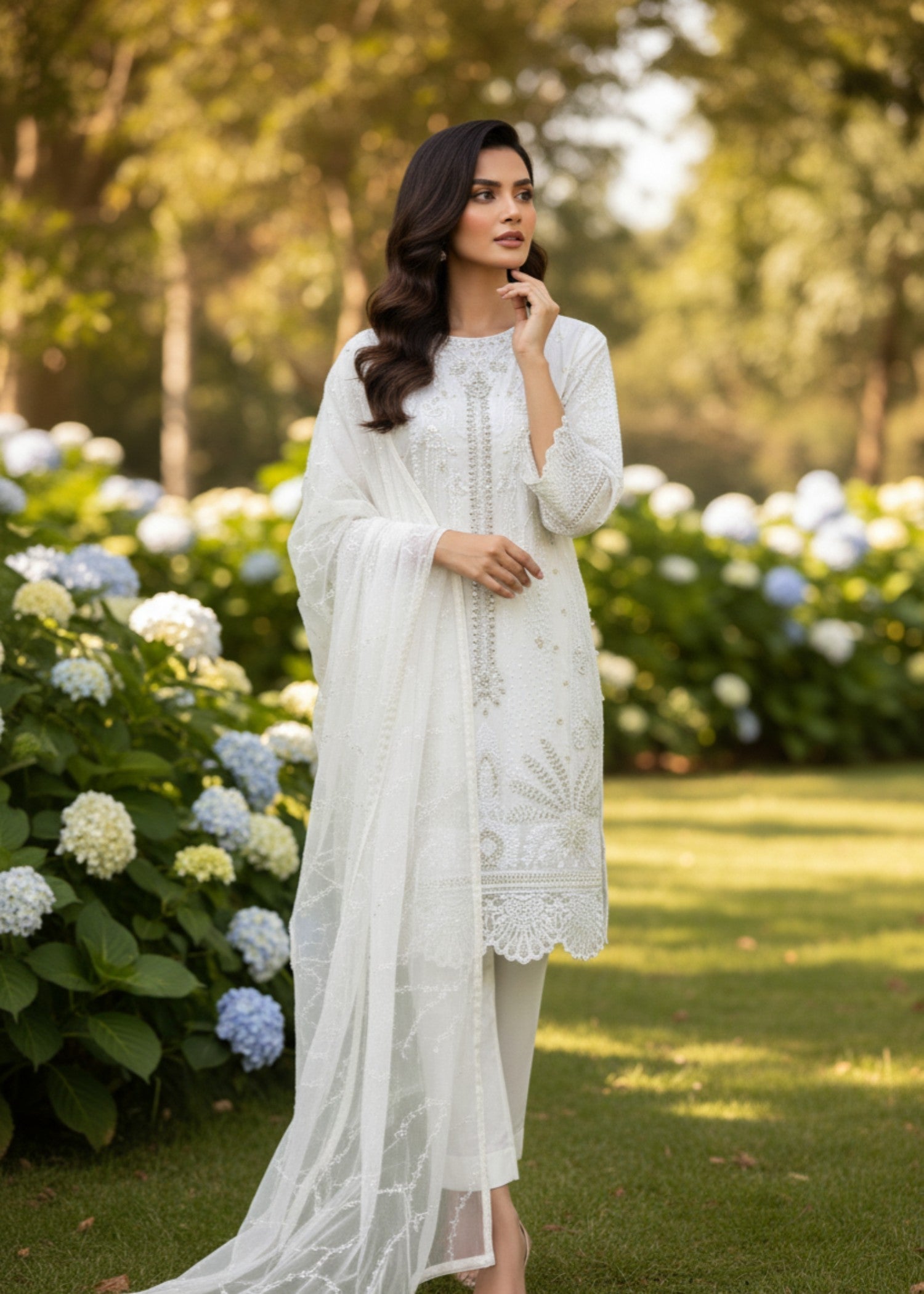 MMG Garments ZEENAT| ORGANZA NET EMBROIDERED KURTA SET WHITE MMG 1079 Women 3pcs