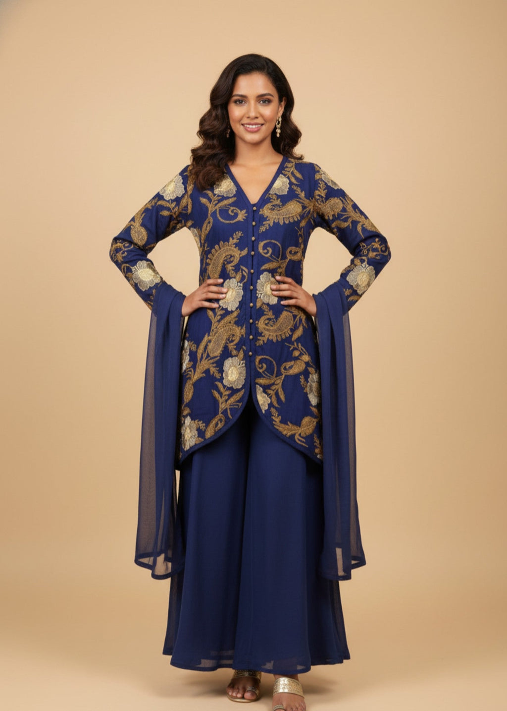 MMG Garments INDO WESTERN EMBROIDERED KURTA SET NAVY BLUE MMG Women 4pcs