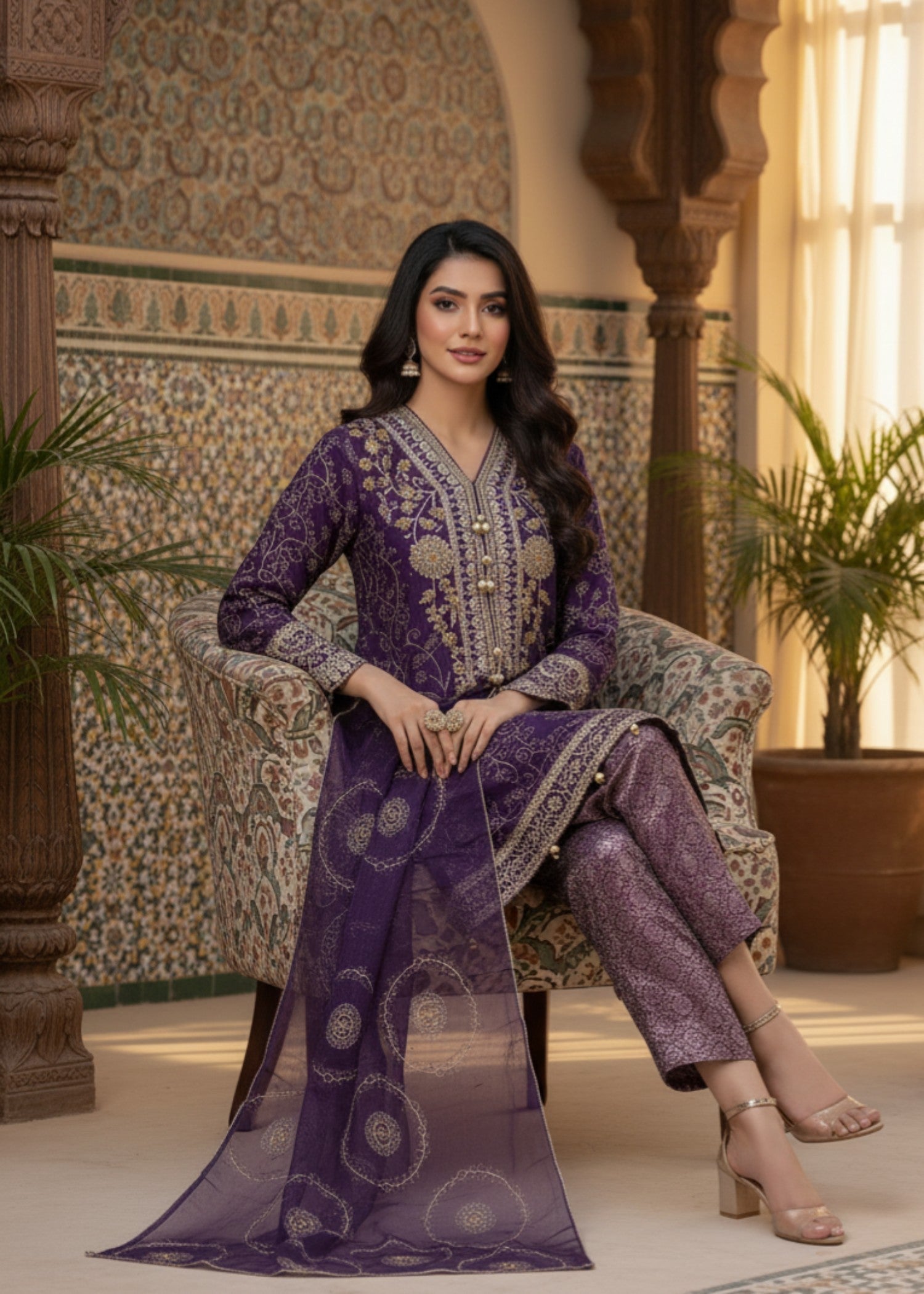MMG Garments NOOR E CHASHAM| CHIFFON EMBROIDERED BACKTAIL FROCK PURPLE MMG 825 Women 3pcs