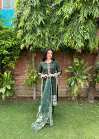 Attirepret Dark Green Viscose Embroidered Cotton Suit Women 3pcs