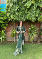 Attirepret Emerald Green Viscose Embroidered Cotton Suit Women 3pcs
