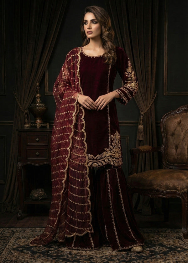 Pehnawa By Bin Akram’s Maroon Regalia Velvet Women 3pcs