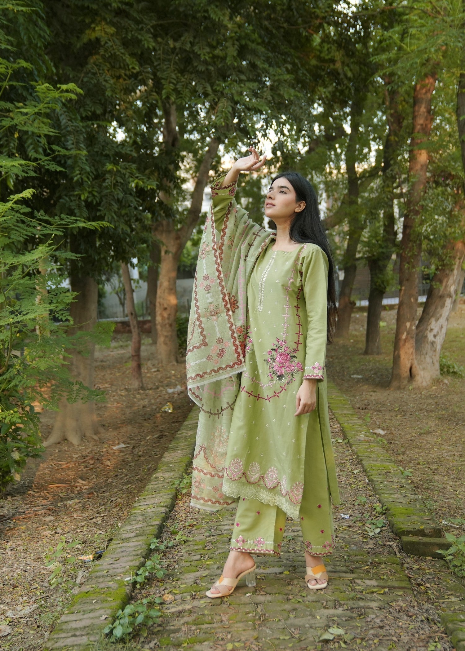 Attirepret Pista Green Floral Embroidered Cotton Women 3pcs