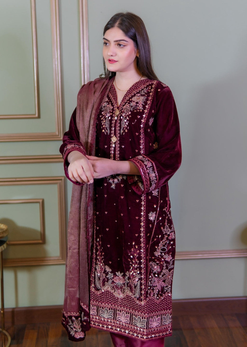Rangoon Clothing Roshana Maroon Velvetine Women 3pcs