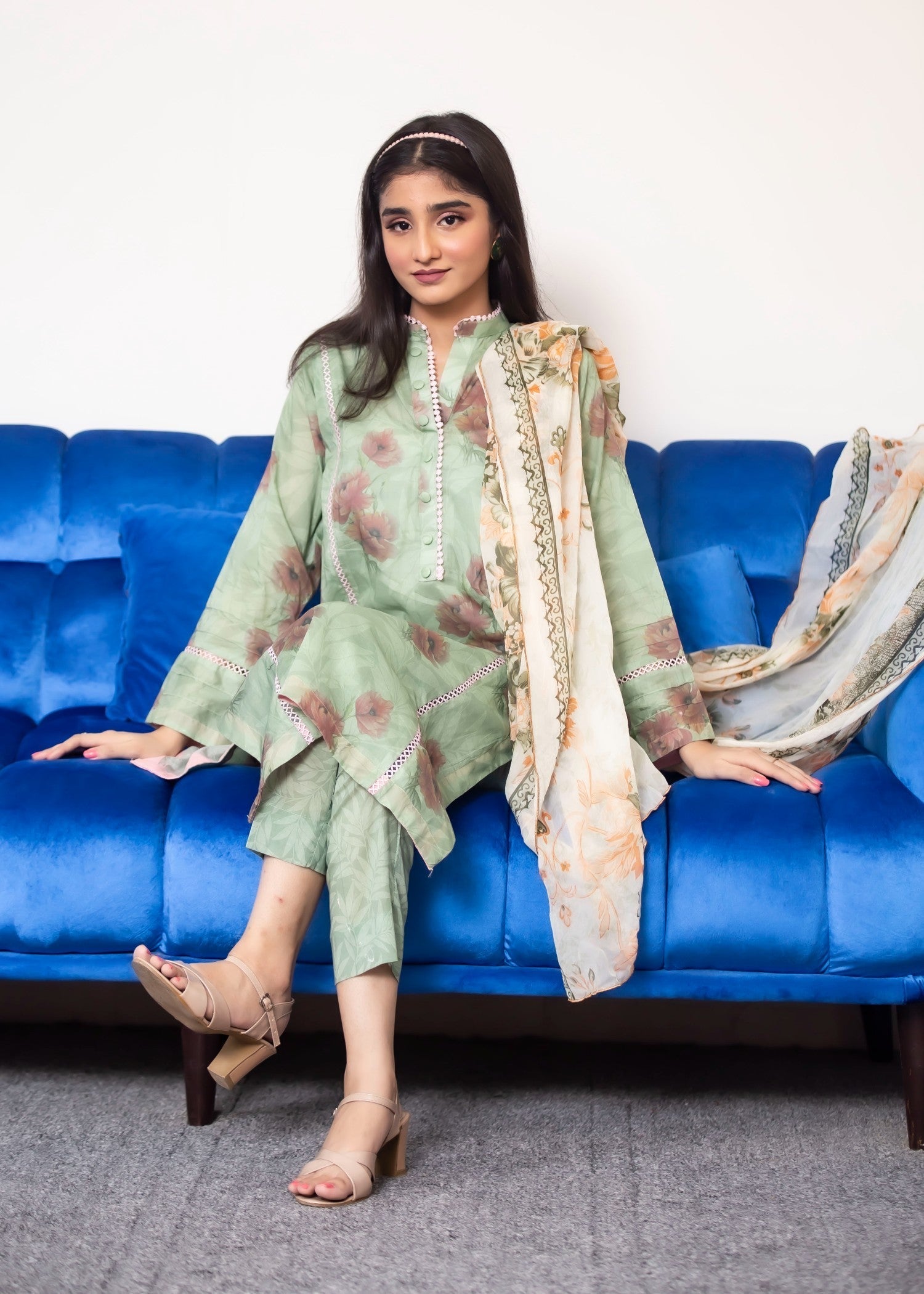 Hayati Collections Lawn | with Chiffon Dupatta | Tea Green Women 3pcs