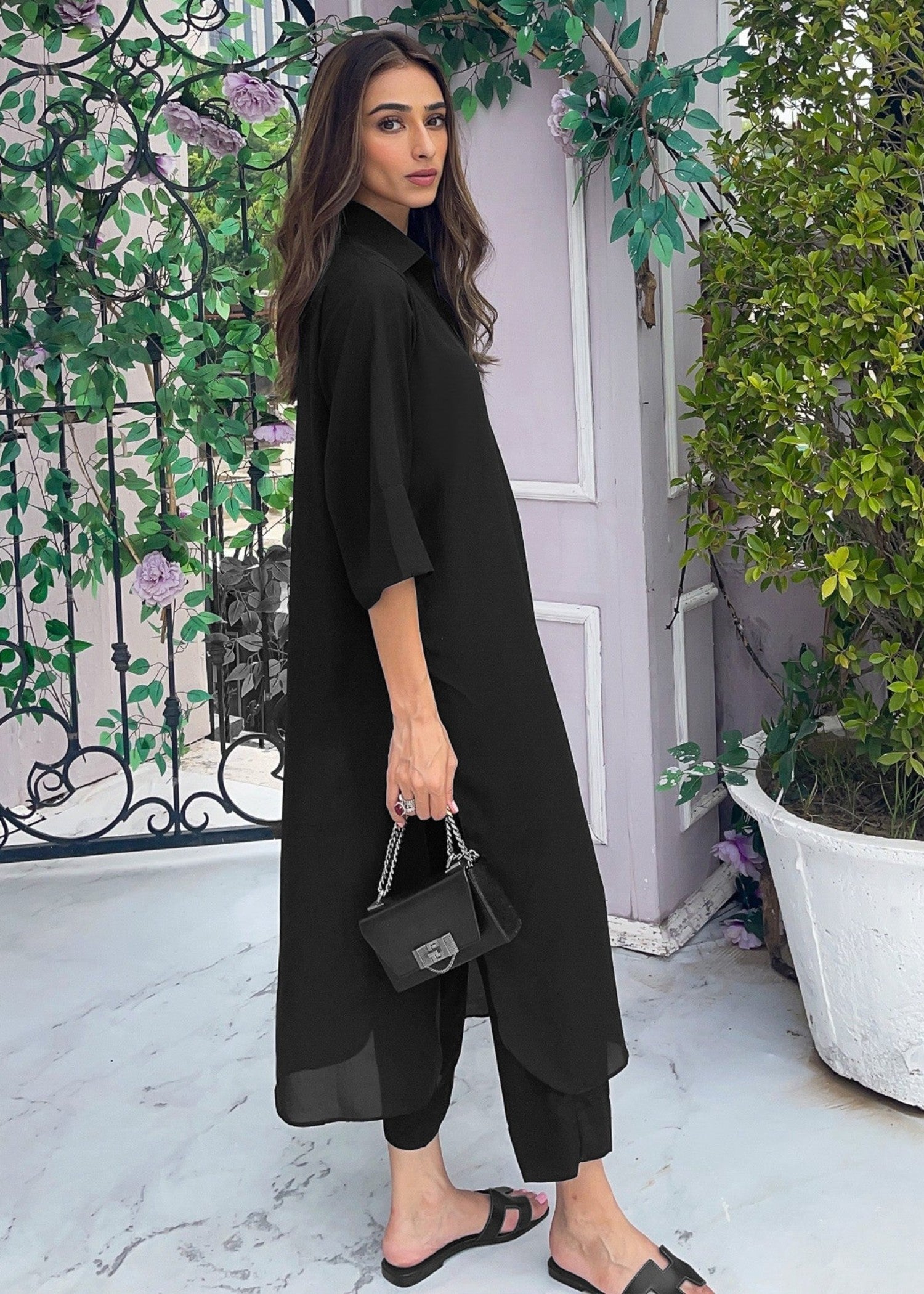 Peach Republic Elegant Black Crepe Dress Women 2pcs