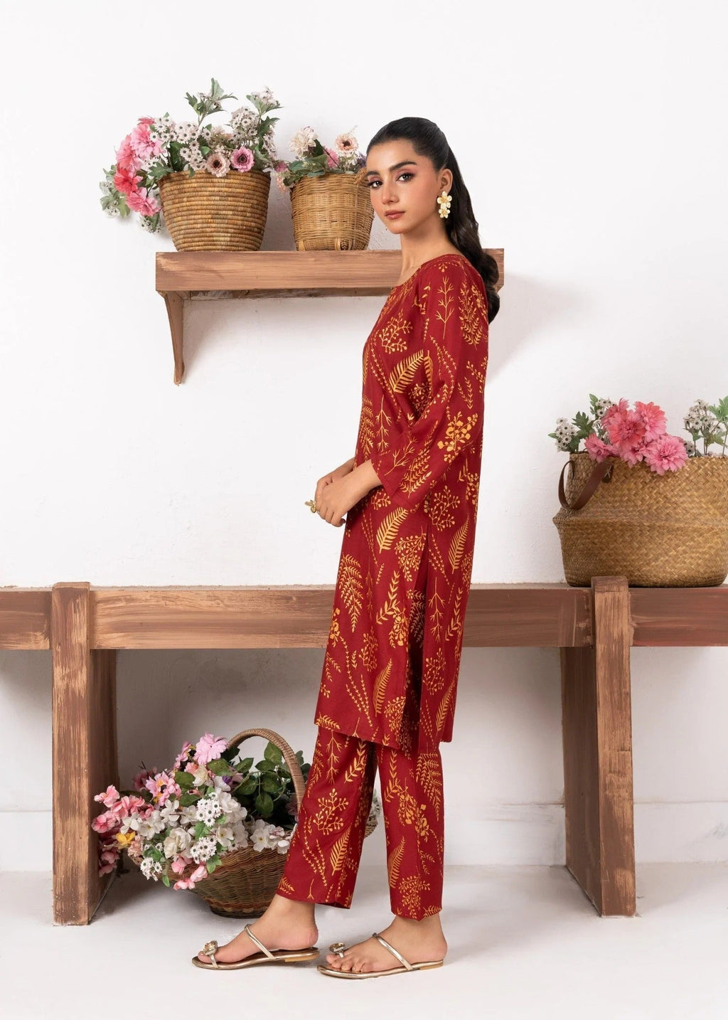 Chaudhary Arts Leave mahroon Women 2pcs