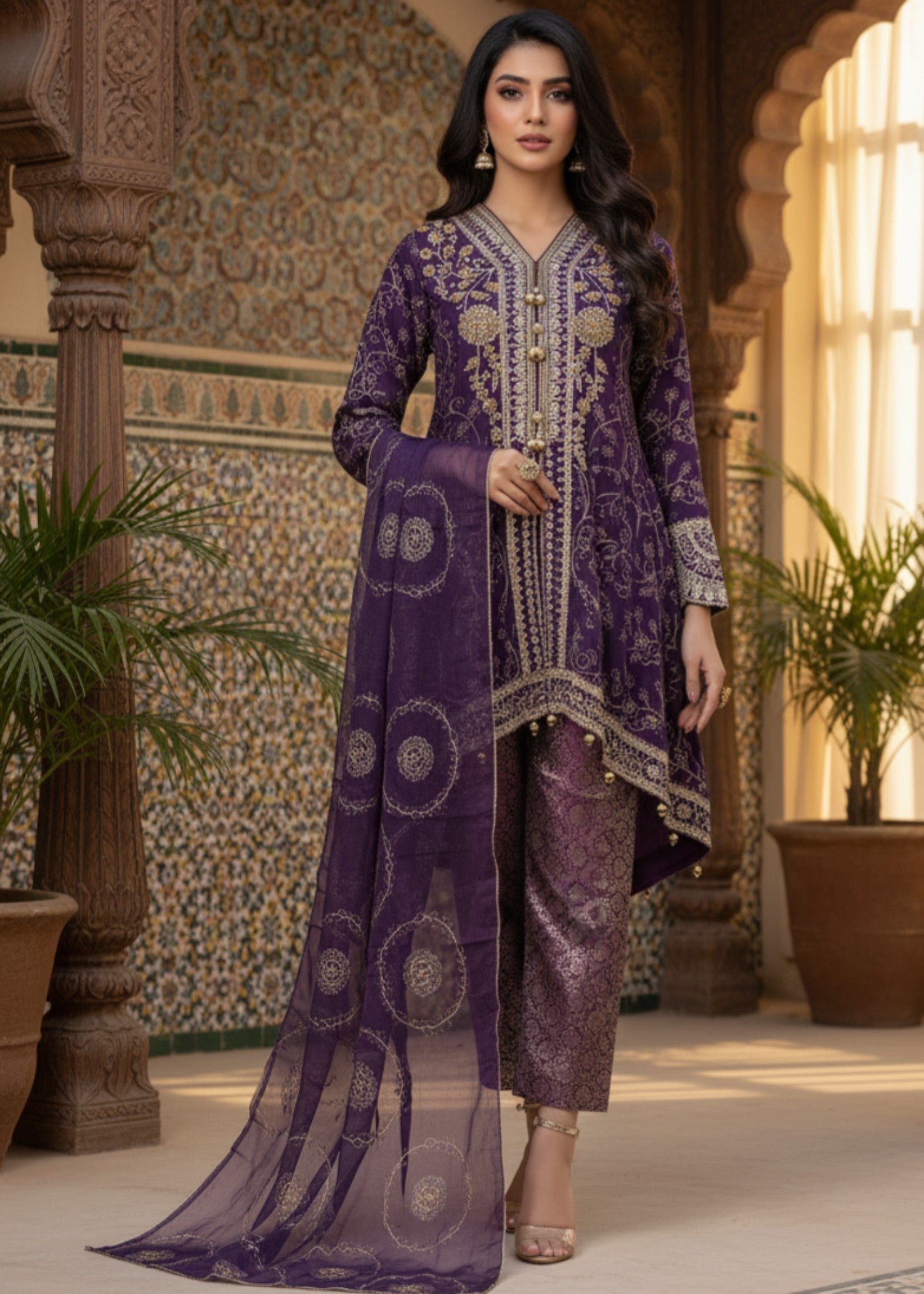 MMG Garments NOOR E CHASHAM| CHIFFON EMBROIDERED BACKTAIL FROCK PURPLE MMG 825 Women 3pcs