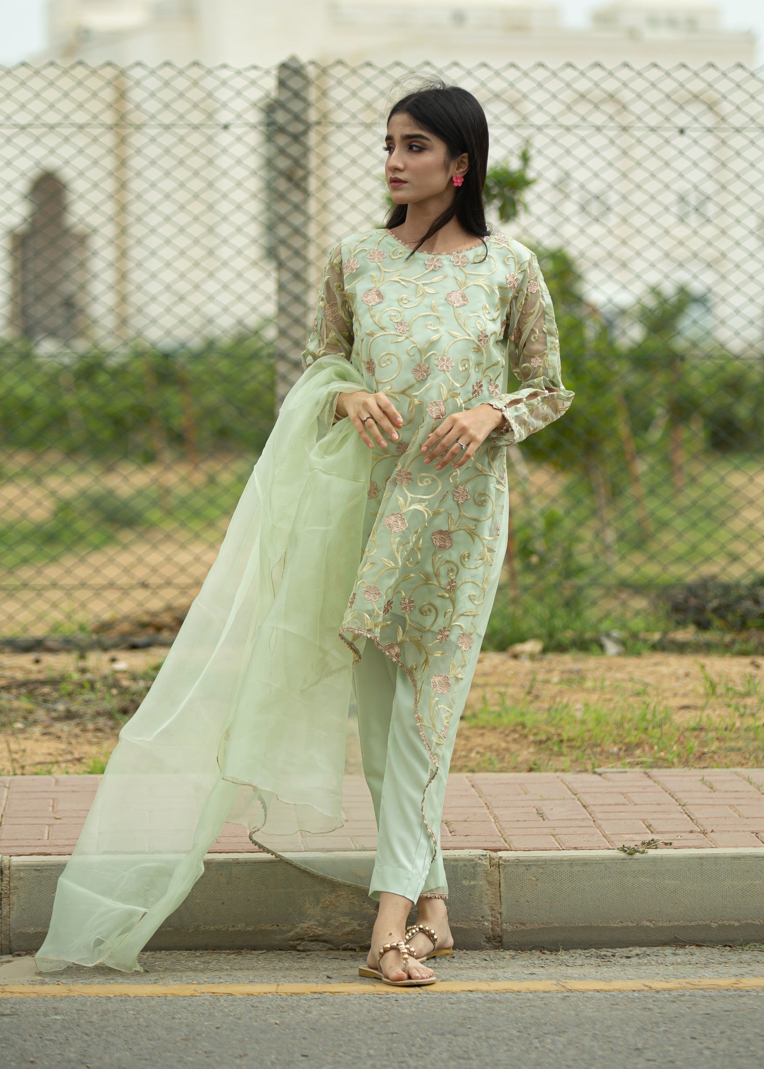 Hayati Collections Organza Suit – Embroidered |Tea Green Women 3pcs