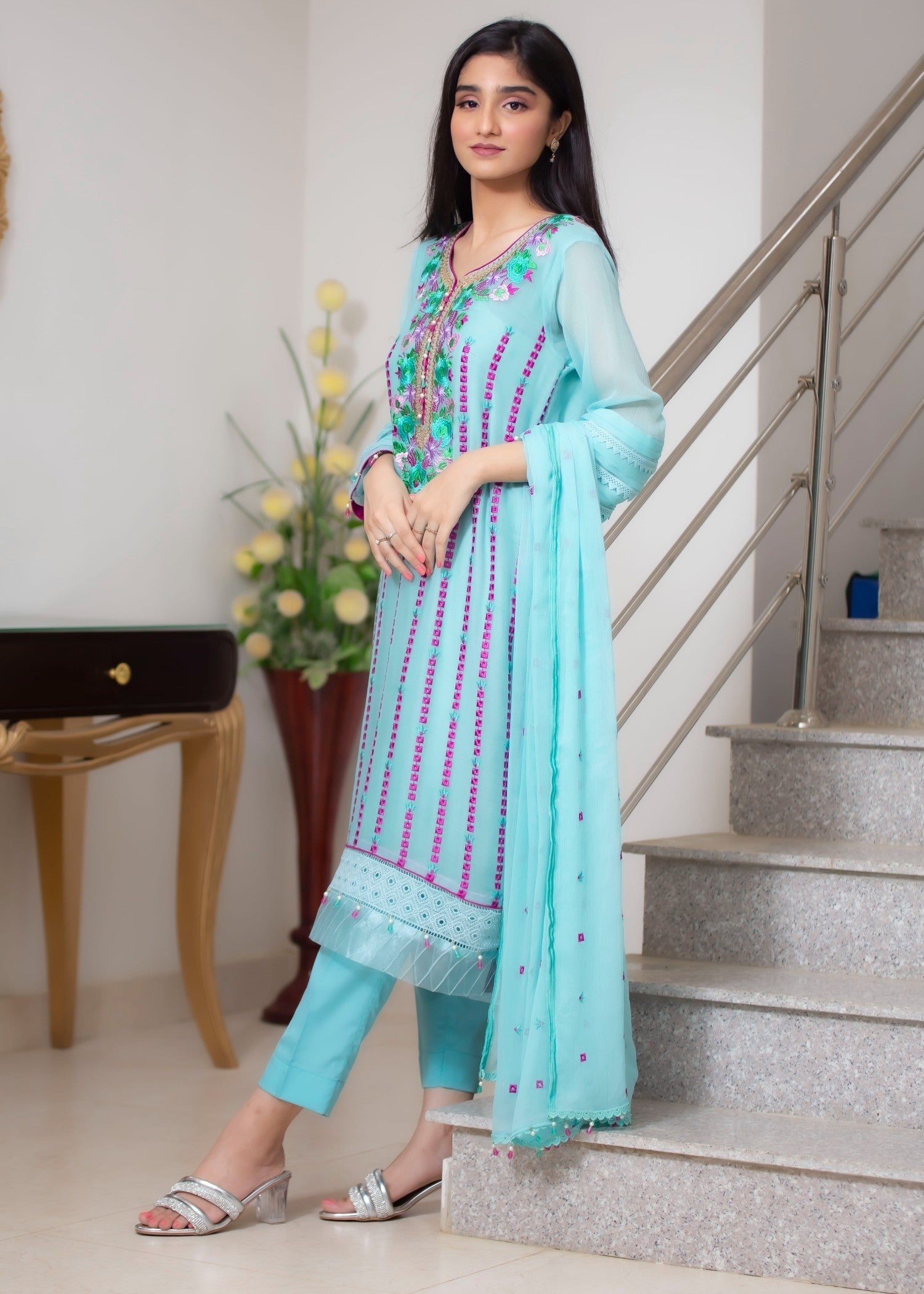Hayati Collections Chiffon | Embroidered Suit with Dupatta | Aqua Women 3pcs