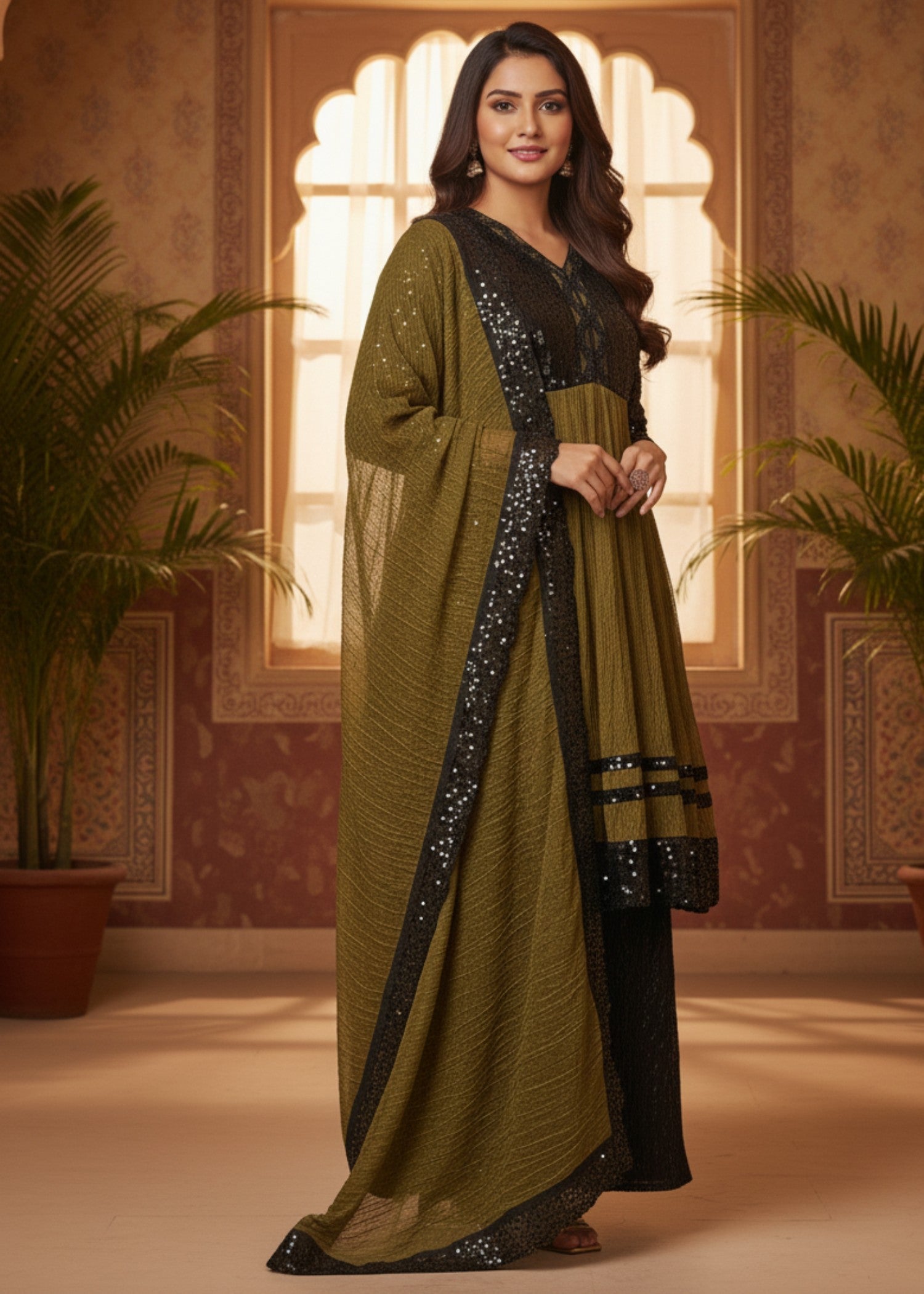 MMG Garments ZAREEN SITARA CLASSICAL CREATION SEQUINE FROCK OLIVE GREEN MMG 204 Women 3pcs