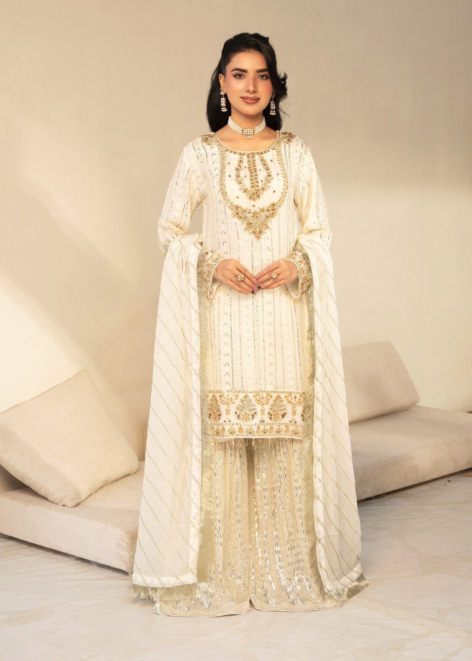 Designer Rack chiffon white Gharara Women 3pcs