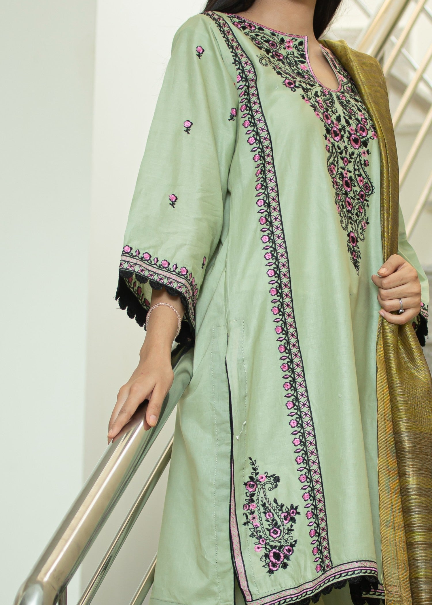 Hayati Collections Pure Cotton |Embroidery with Delicate Bead Detailing | Pista Green Women 3pcs