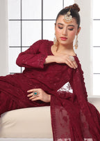 Luxeurs Maroon Chiffon Stitched Saree Women 3pcs
