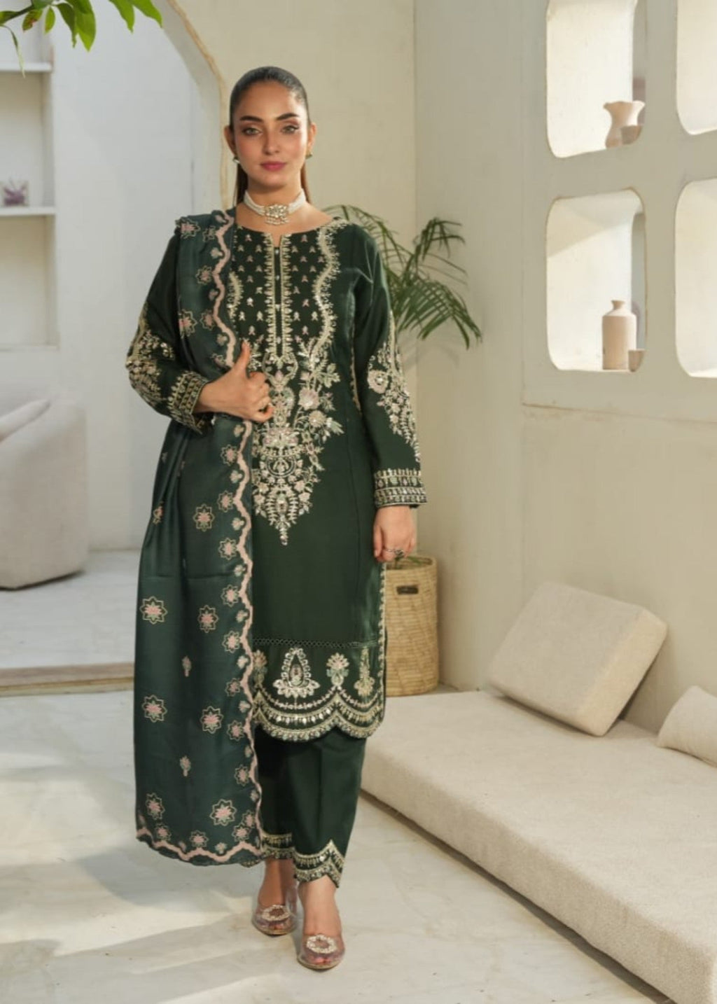 Designer Rack Dhanak embraided green Women 3pcs