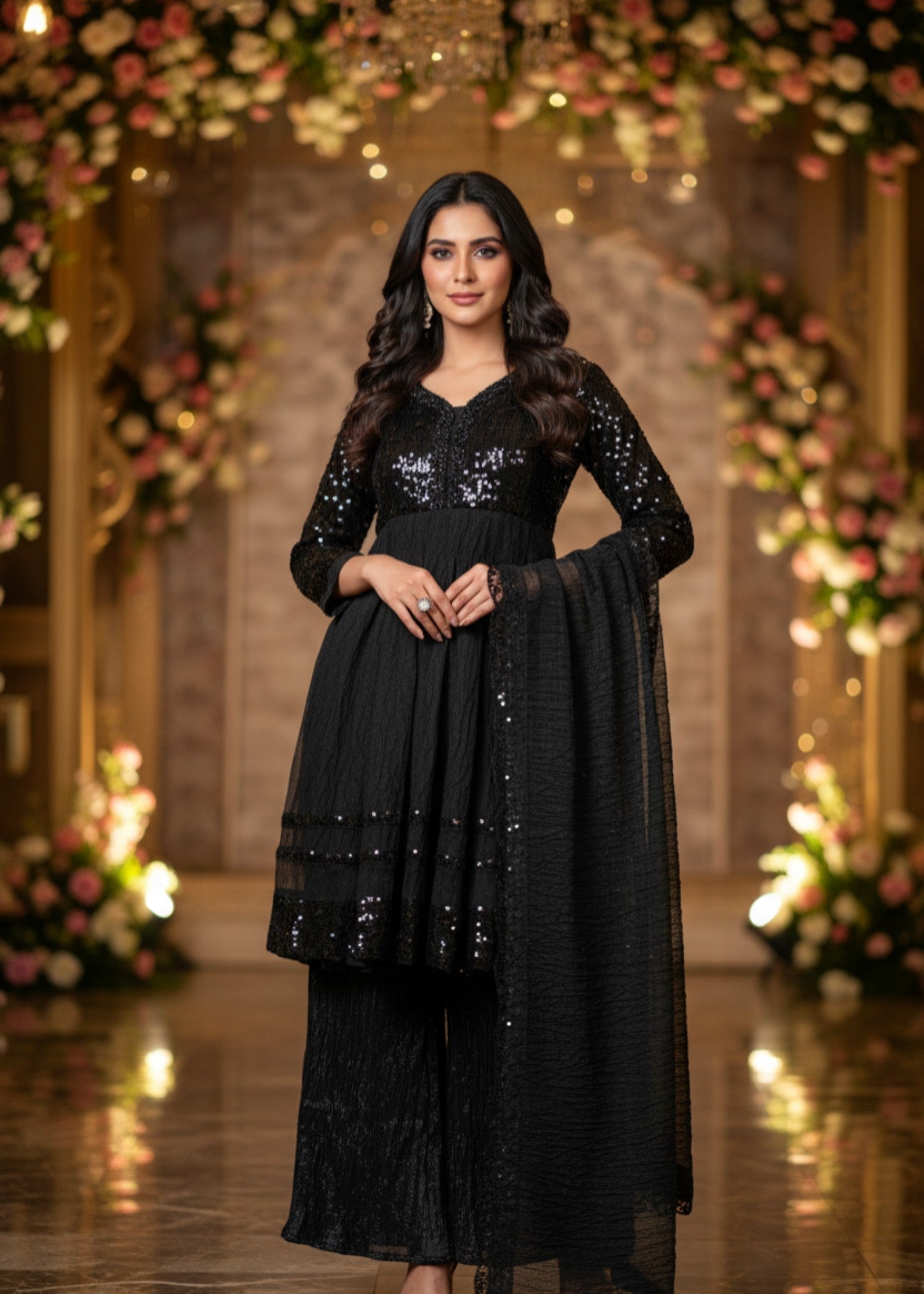MMG Garments ZAREEN SITARA CLASSICAL CREATION SEQUINE FROCK BLACK MMG 204 Women 3pcs