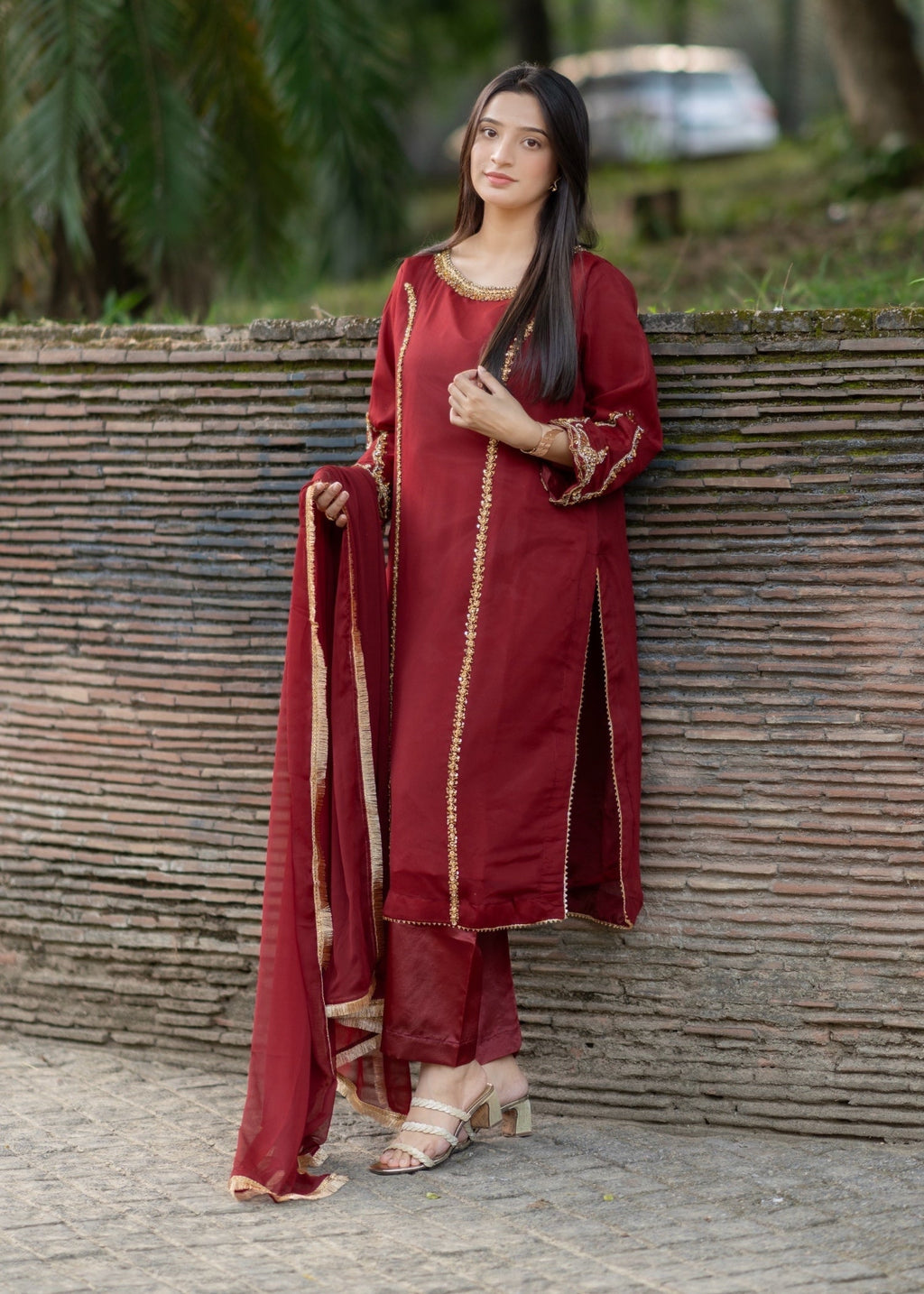 Suits By Sadia Maroon chiffon decent Women 3pcs