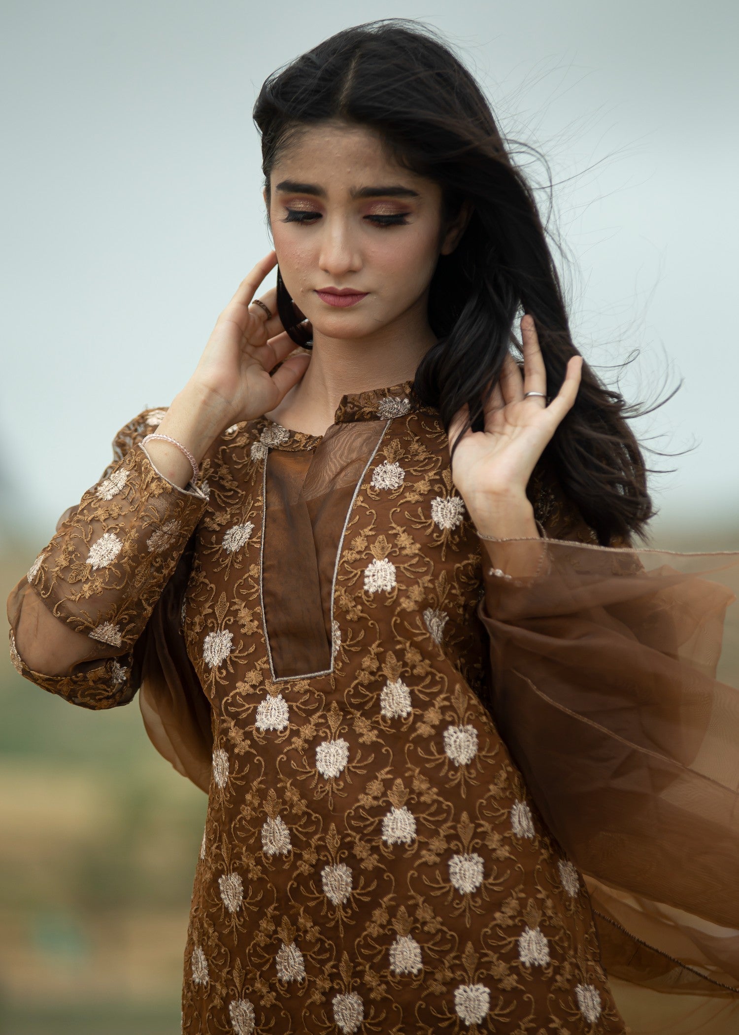 Hayati Collections Organza Suit – Embroidered | Rust Women 3pcs