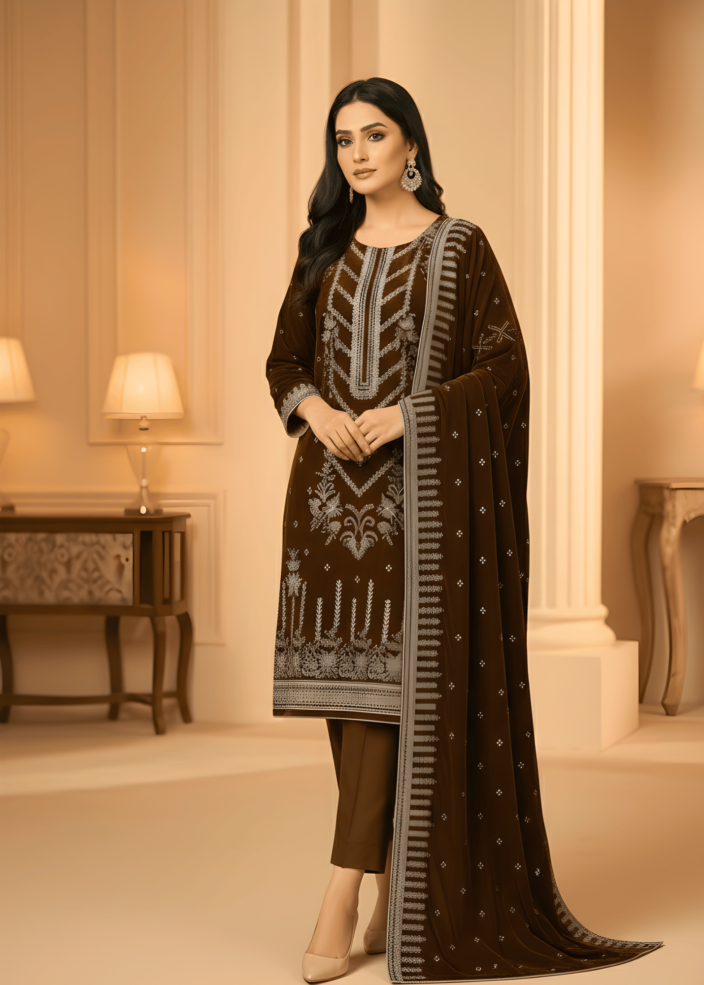 Sutar Chestnut Royale – Velvet Embroidered Set Women 3pcs