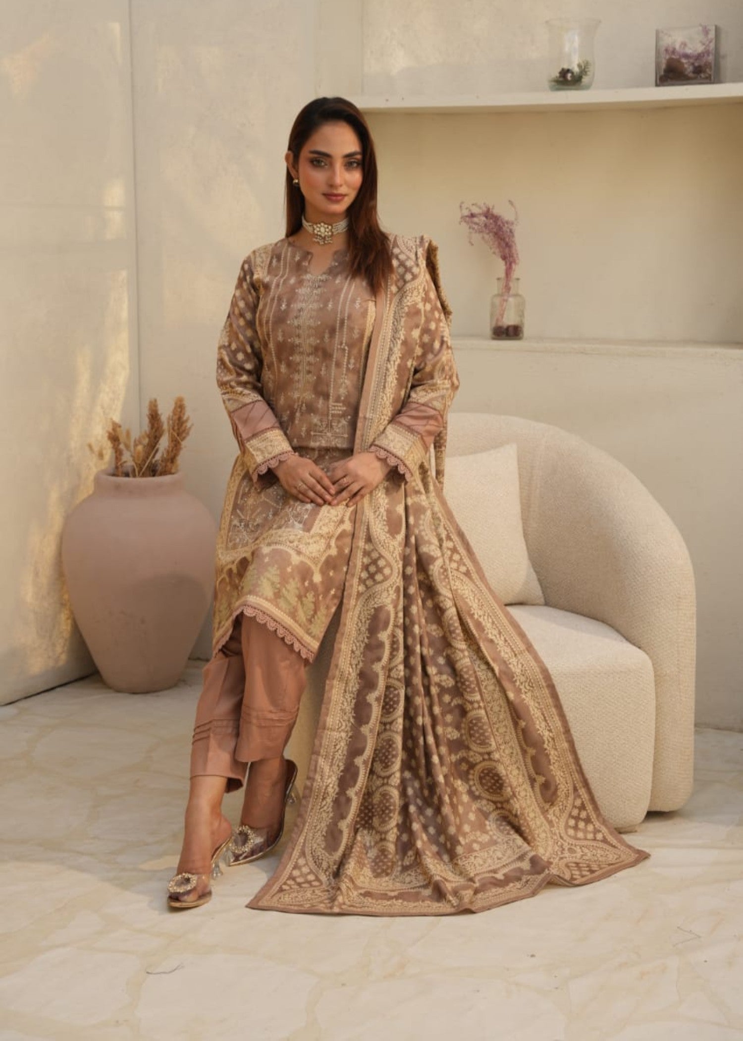 Designer Rack dhanak printed embraided tan brown Women 3pcs