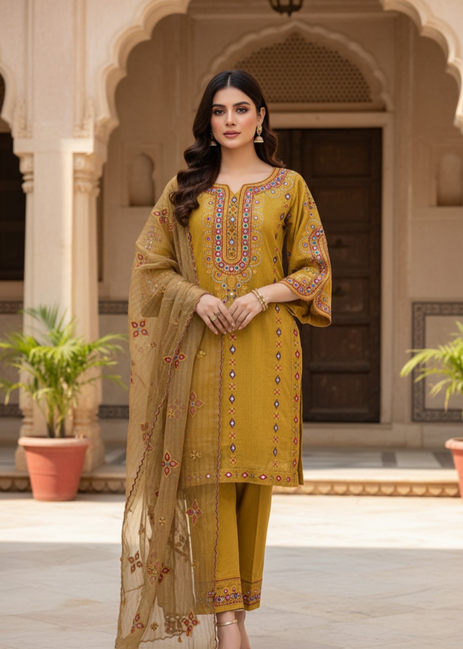 MMG Garments ZARNOOR| EMBROIDERED ORGANZA NET KURTA SET GOLDEN ORANGE MMG 1035 Women 3pcs