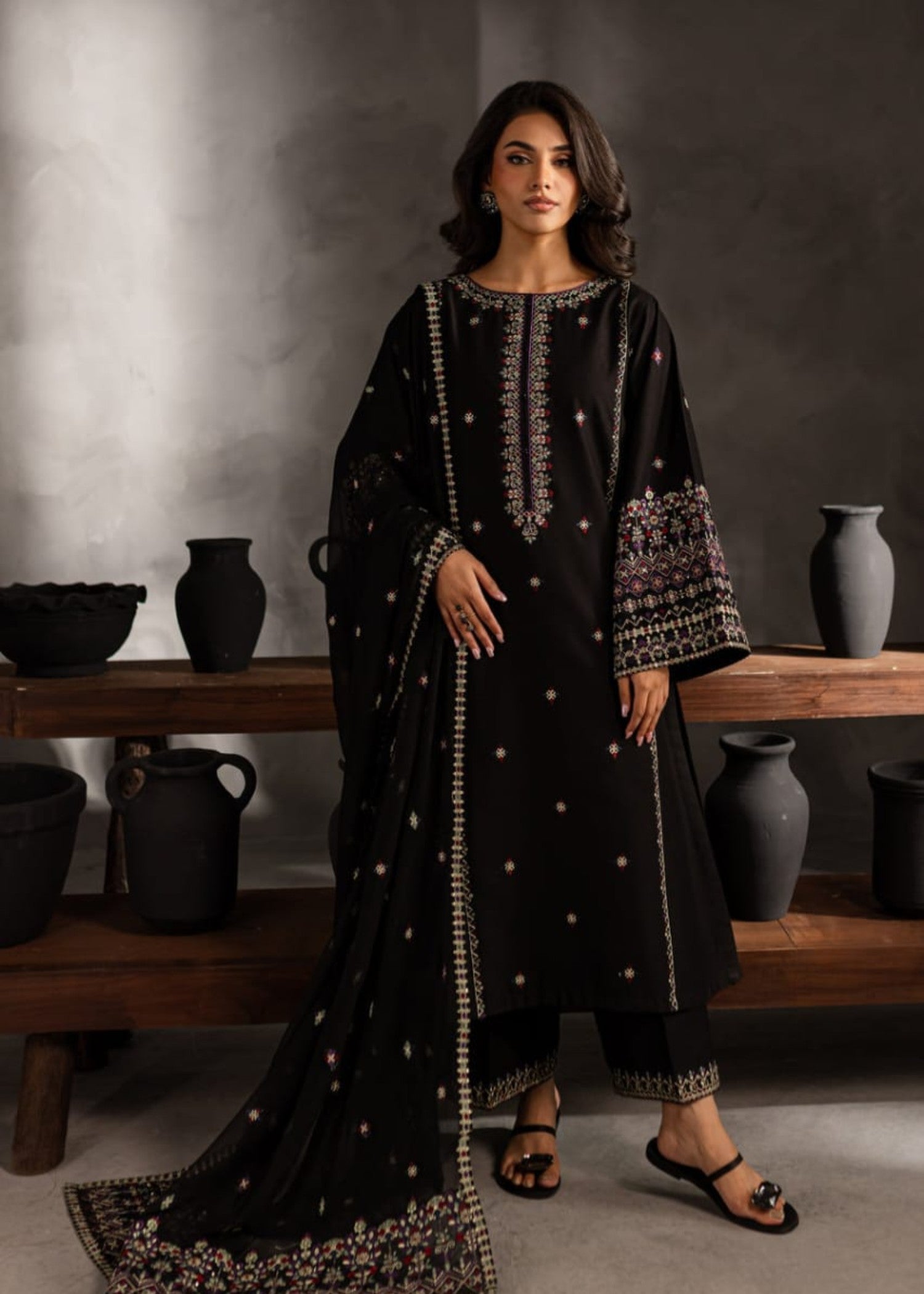 Shehroz Fashion Black Orchid lawn embroidery suit Women 3pcs
