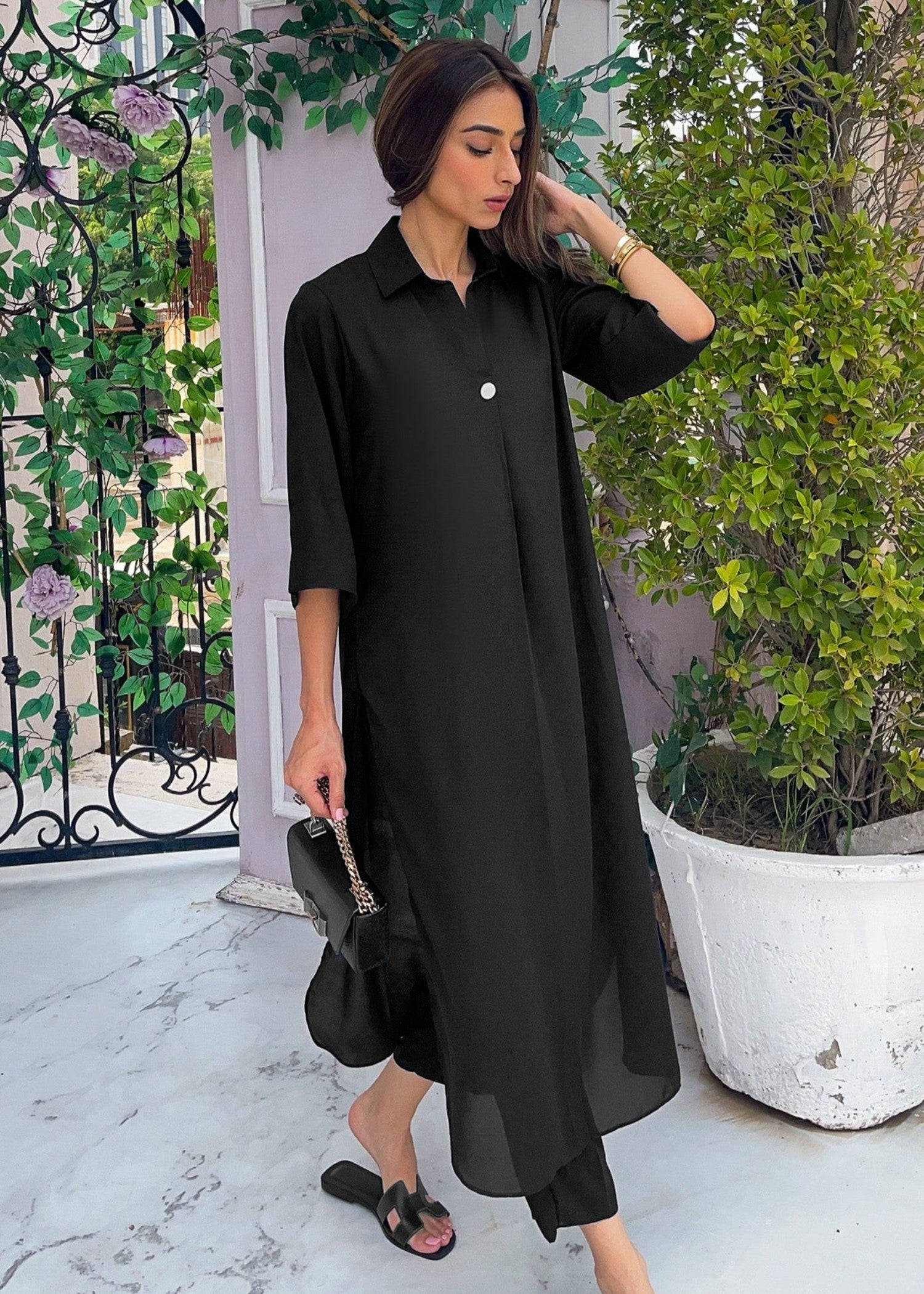 Peach Republic Elegant Black Crepe Dress Women 2pcs