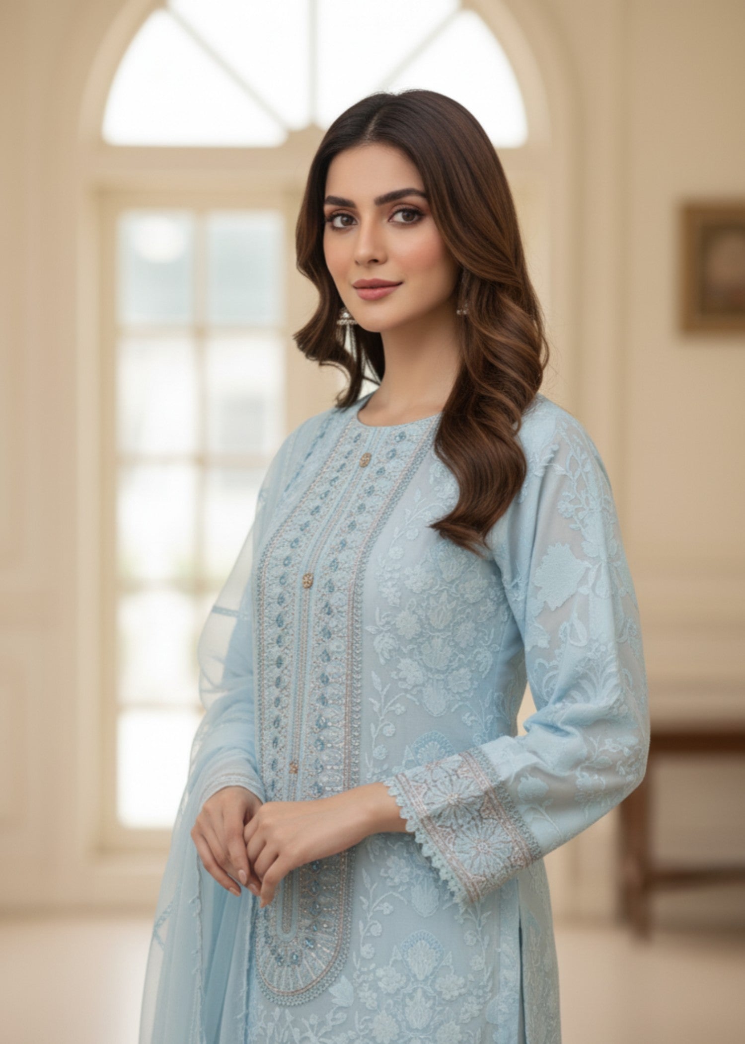 MMG Garments RUKHSAR| ORGANZA NET EMBROIDERED KURTA SET ICE BLUE MMG 1074 Women 3pcs